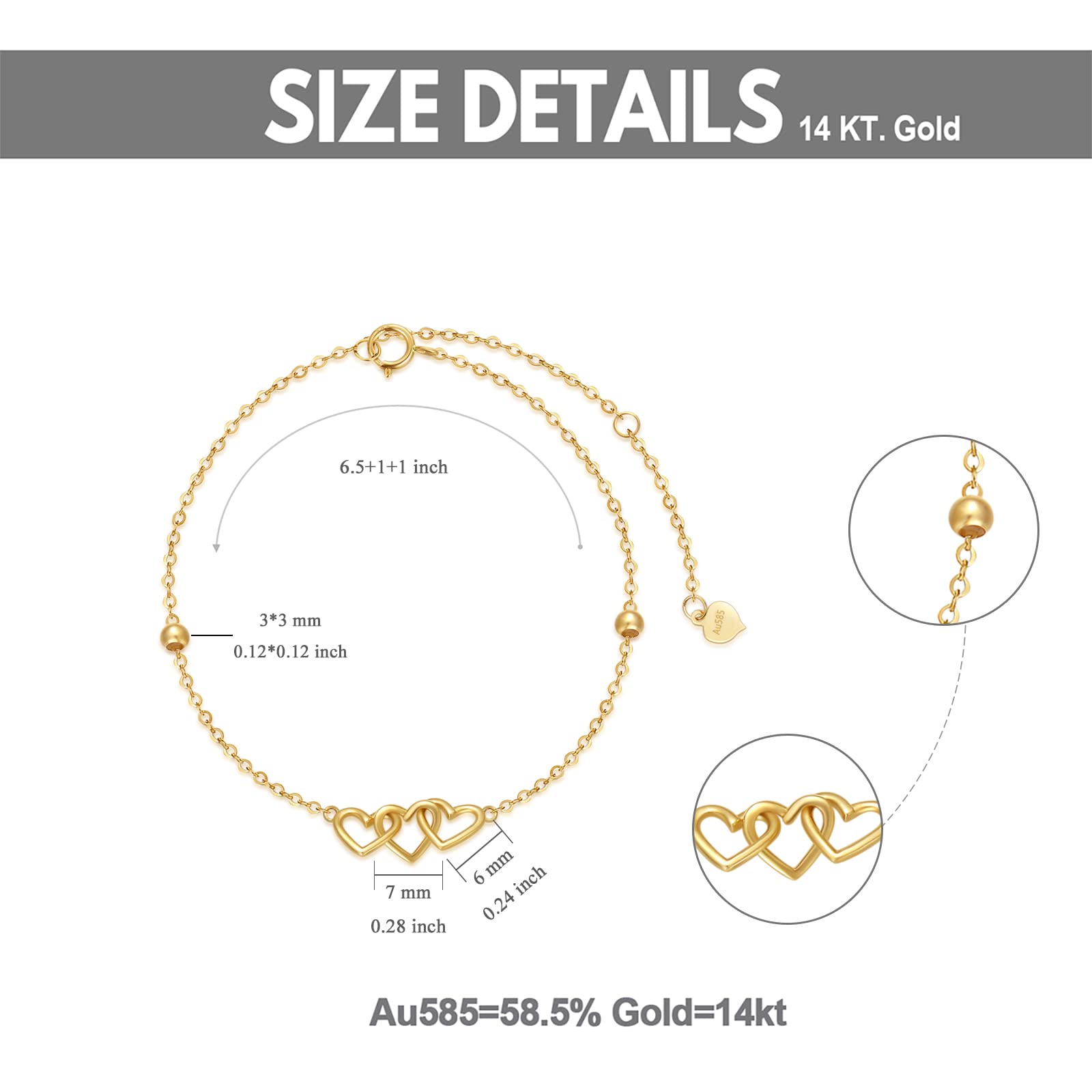 14K Real Gold Heart Beaded Bracelet for Women - Yellow Gold Love Jewelry with Three Hearts, Adjustable 6.5+2 Inch, Perfect Gift for Birthday, Christmas, Anniversary - Ideal for Date Night, Wedding, Special Occasions