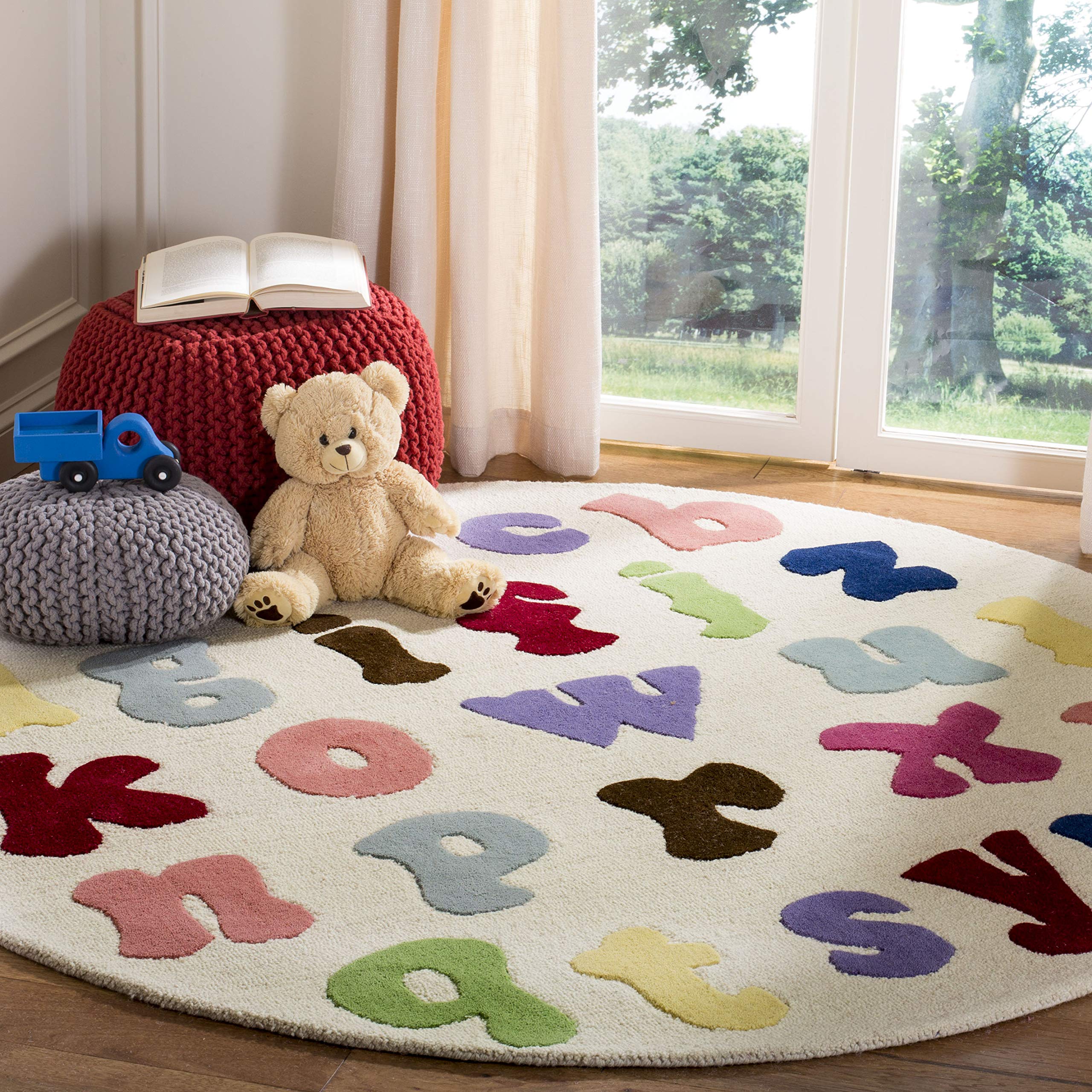 SAFAVIEH Kids Collection 4' Round Ivory/Multi Alphabet Letters Wool Area Rug - Handmade Nursery Rug for Playroom, Bedroom & Learning Spaces