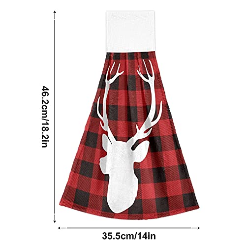 Christmas Lumberjack Deer Kitchen Towels - Red Buffalo Plaid Hanging Hand Towel Set of 2 - Soft Absorbent Coral Velvet for Bathroom, Dish Drying & Oven Handle - Perfect for Holiday Decor & Farmhouse Kitchen Decor