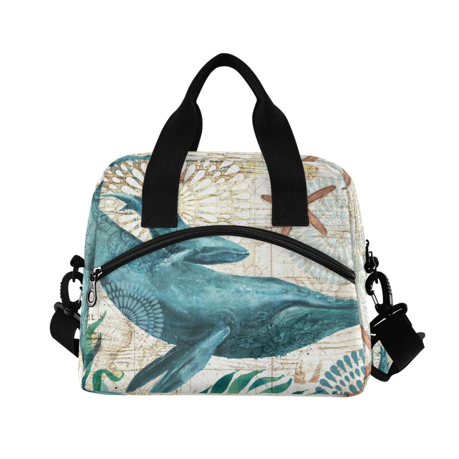 Whale Starfish Insulated Lunch Bag with Shoulder Strap - for Work, Picnic & Beach