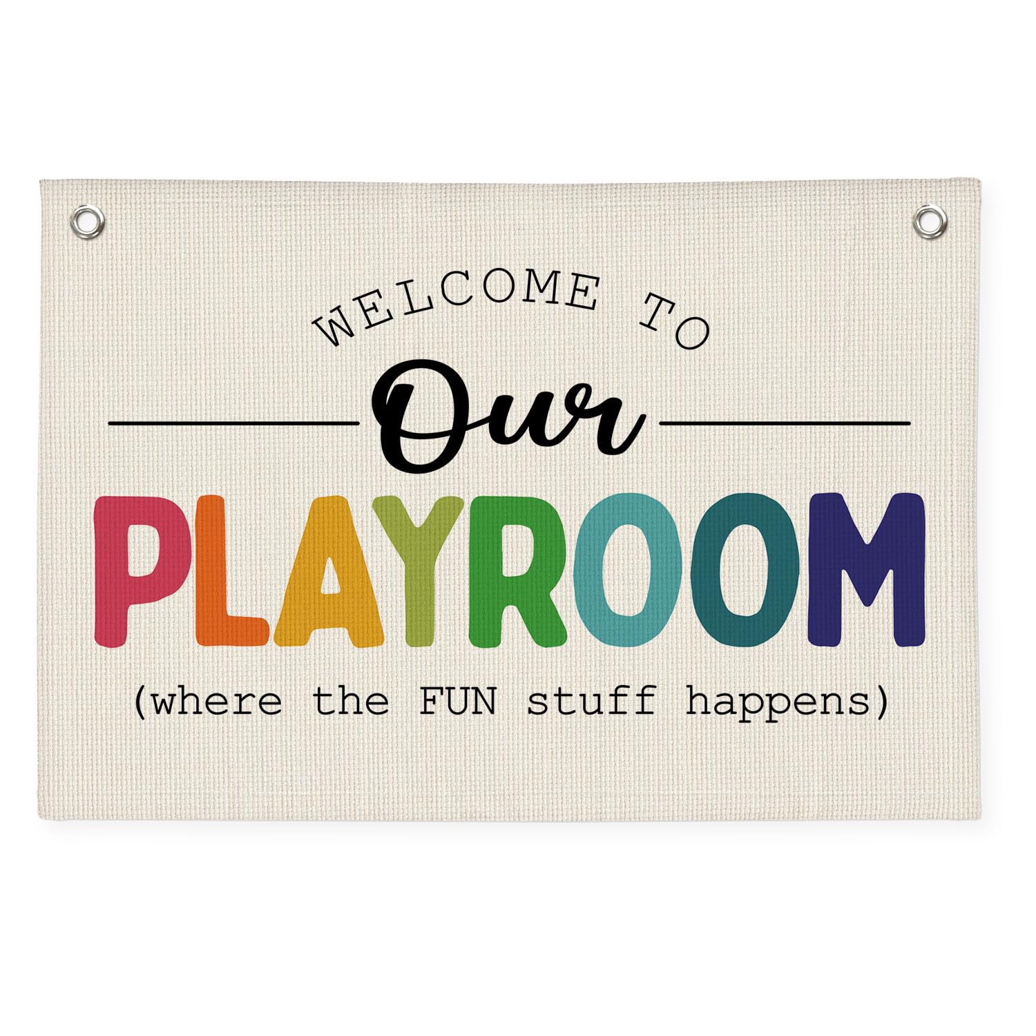Kids Playroom Wall Decor - Welcome To Our Playroom Canvas Banner & Hanging Flag - Colorful Classroom Decorations for Nursery, Daycare & Birthday Party Decor