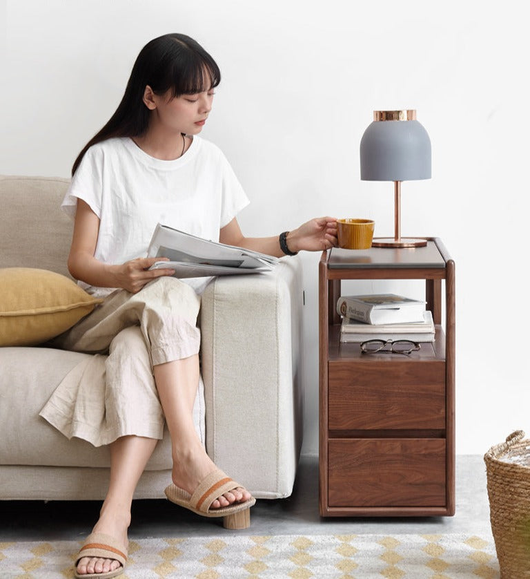 Solid Black Walnut Wood Side Table with Natural Slate Top - Perfect for Living Room, Bedroom, or Office Decor