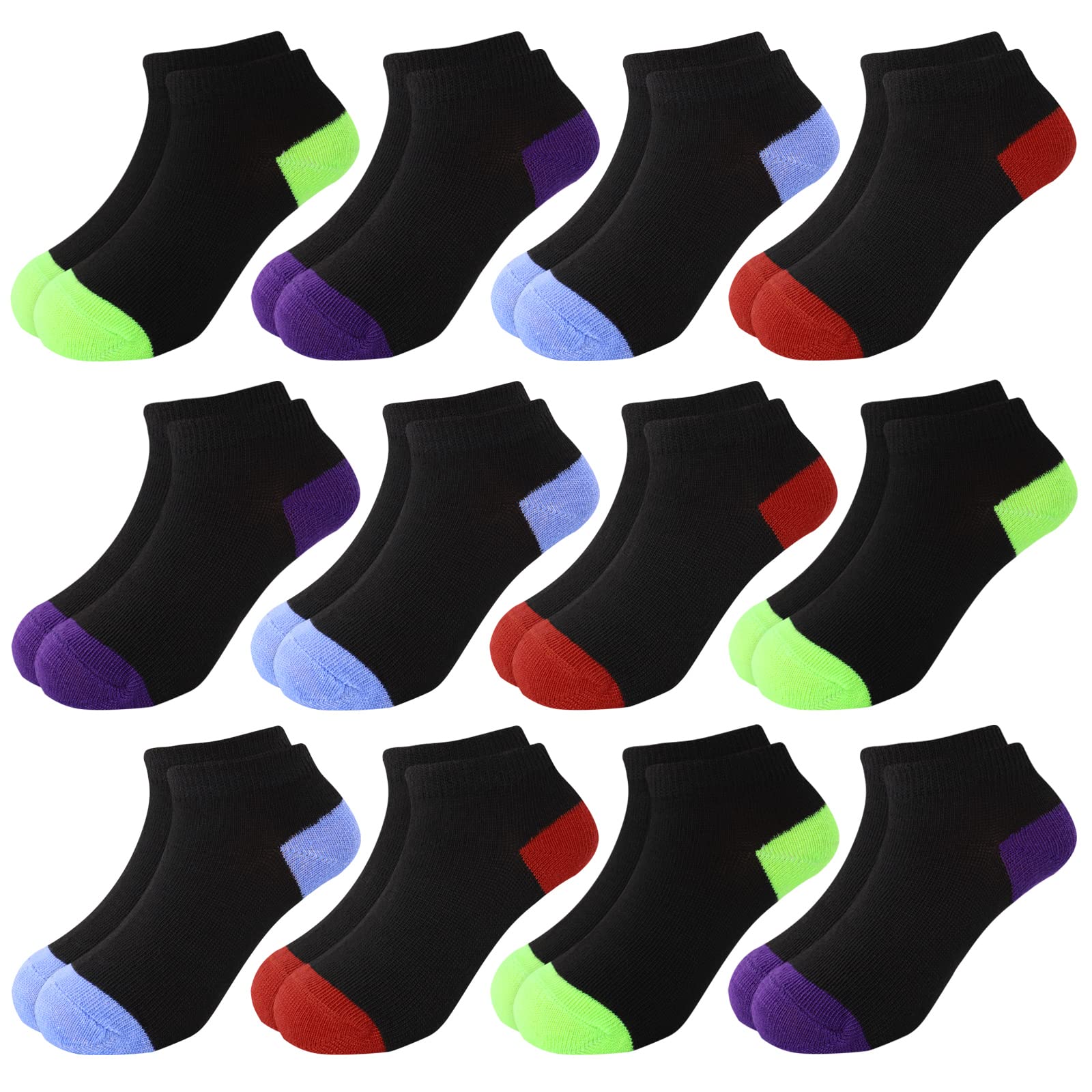 BOOPH 12 Pairs Kids Ankle Socks for Boys & Girls - Low Cut Half Cushion Athletic Socks for Running, Sports & Everyday Wear - Soft Breathable Cotton Blend (Sizes 4-8)