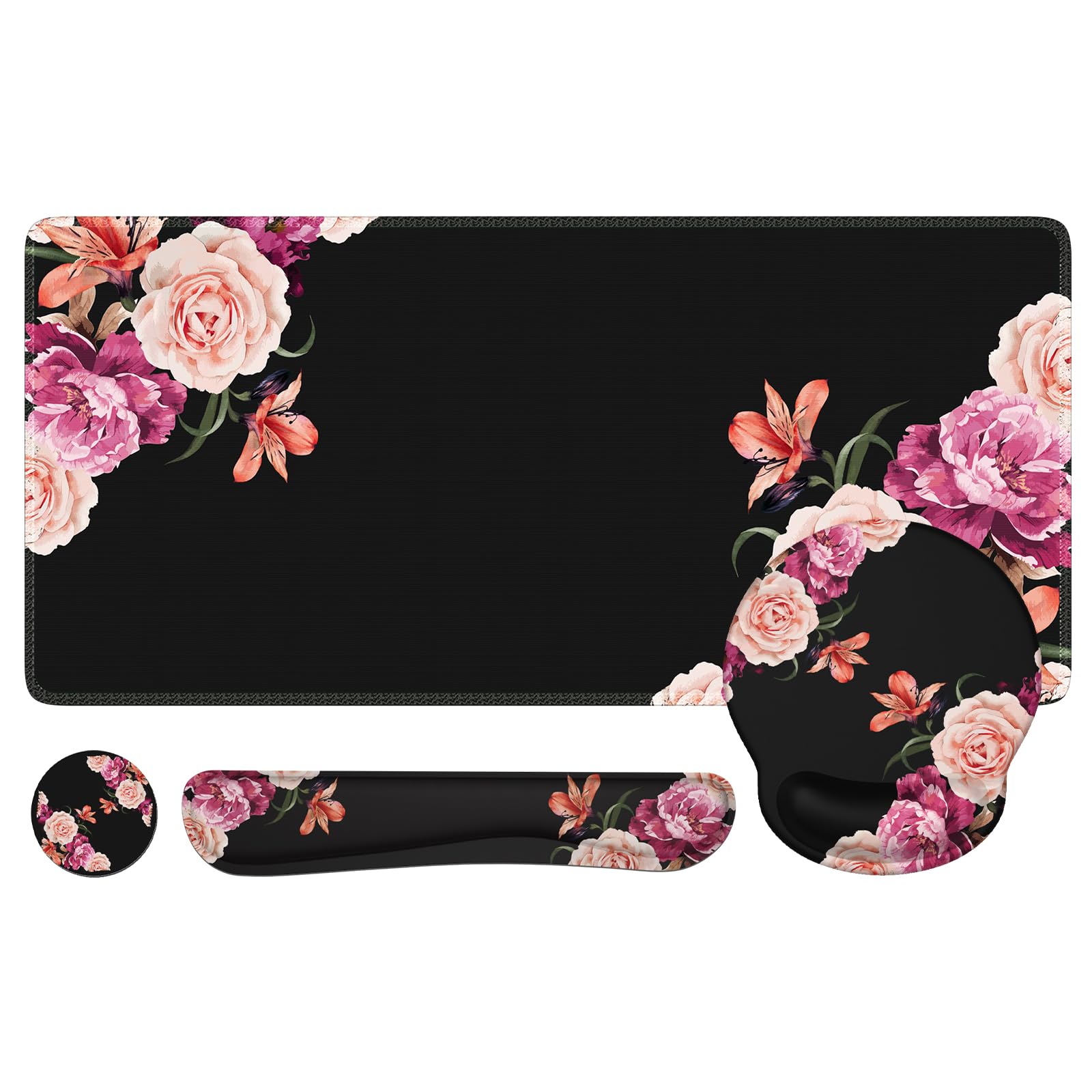 iLeadon 4-in-1 Mouse Pad Set with Wrist Rest - Large Desk Mat, Ergonomic Keyboard Wrist Support & Coaster - Non-Slip Office Accessories for Computer, Laptop, Gaming - Peony Flower Design for Home & Workspace