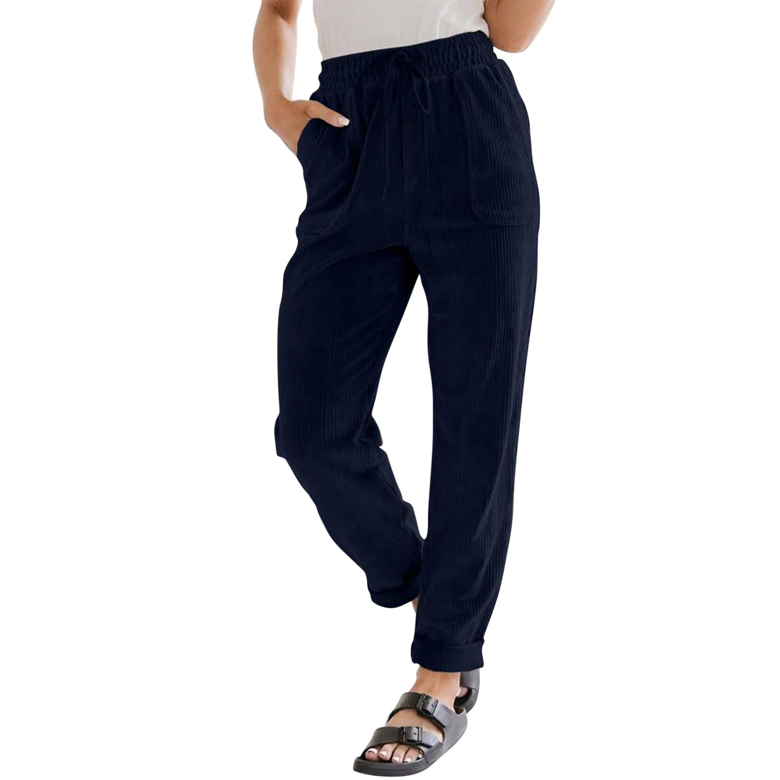 Women's High Waisted Corduroy Pants - Straight Leg Pull On Dress Pants with Pockets | Comfortable Business Casual Work Pants for Office, Travel & Everyday Wear