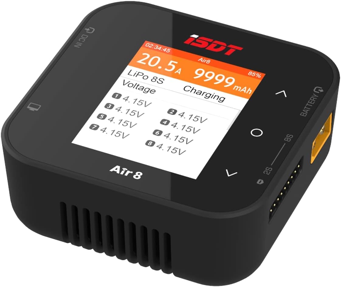 ISDT Air8 20A 500W Smart Battery Charger for LiPo LiHV Li-ion LiFe NiMH NiCd Pb - 1-8S Balance Charger Discharger with LCD Display - Perfect for RC Drones, Cars, and Power Tools Charging