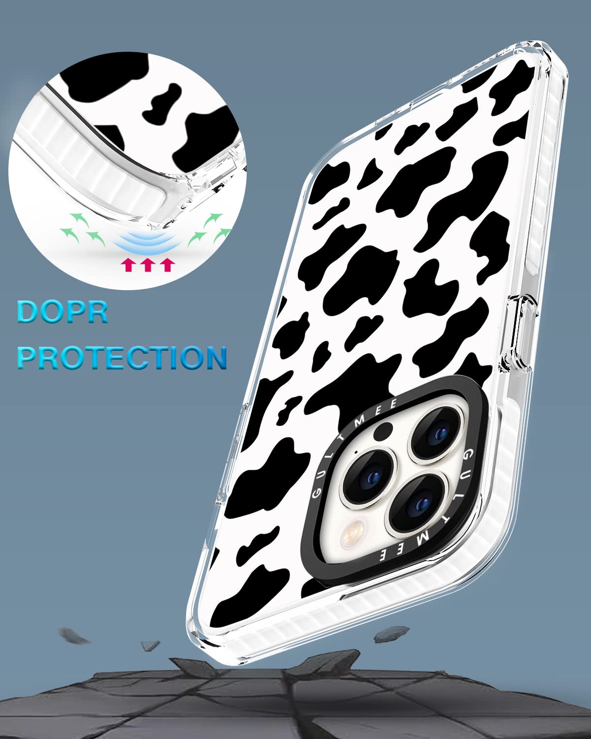 3 in 1 Cute Cow Print Shockproof iPhone 14 Pro Case with Built-in Bumper, Tempered Glass Screen Protector & Camera Lens Cover - 6.1