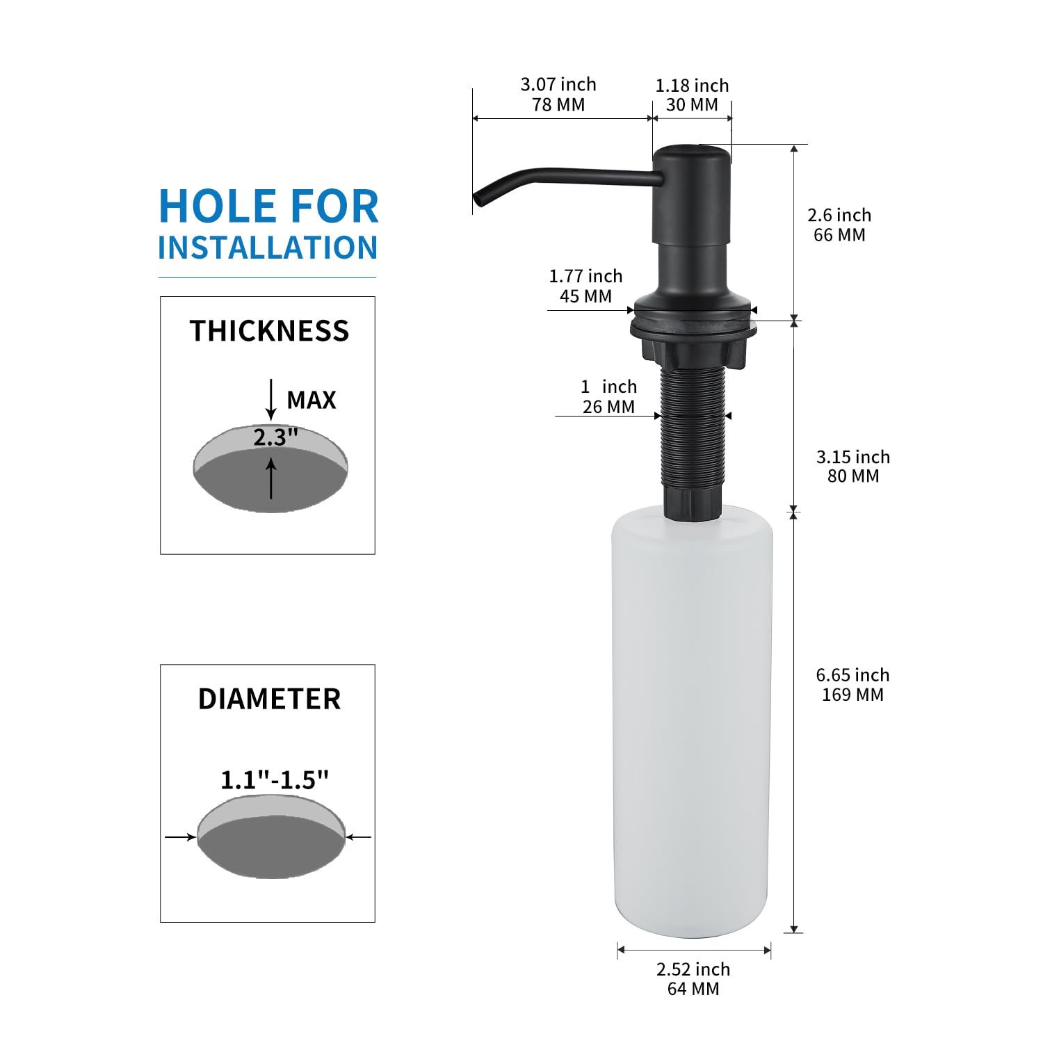 Matte Black Stainless Steel Built-In Soap Dispenser for Kitchen Sink - 17OZ Refillable Countertop Pump for Dish Soap & Hand Lotion | Perfect for Modern Kitchens & Bathrooms