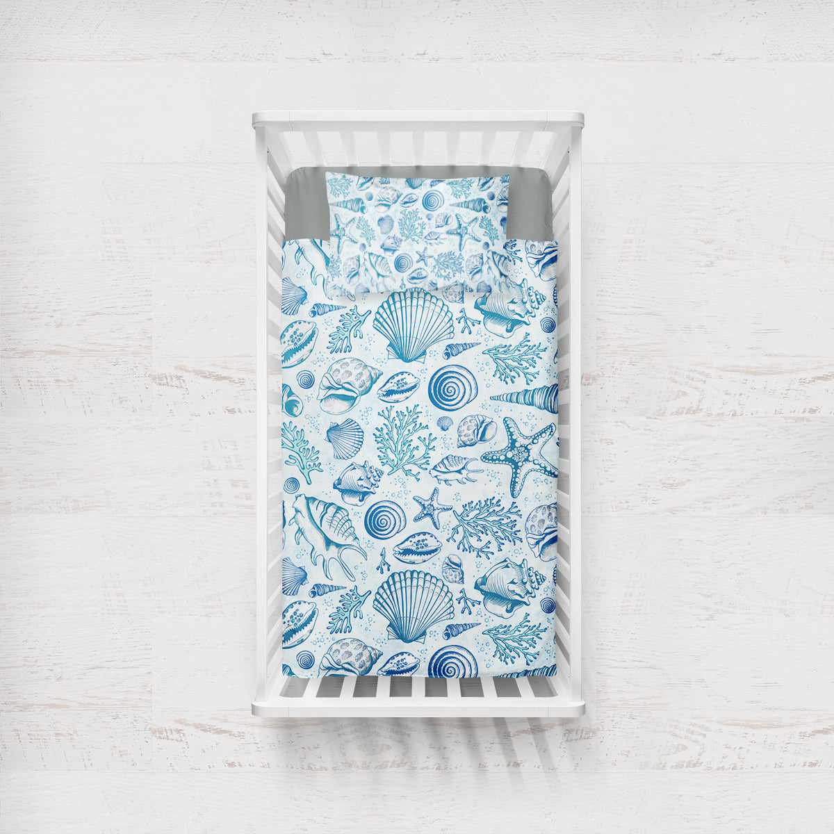 Blue Seashells Crib Bedding Set - Ocean Theme Baby Nursery Bedding for Boys & Girls - Soft Cotton Crib Sheet, Fitted Crib Skirt & Pillowcase - Perfect for Beach Themed Nursery Decor & Newborn Gifts