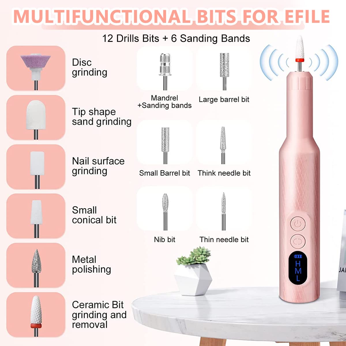 MAYCREATE® Professional Cordless Nail Drill Machine with 6 Drill Bits - Adjustable Speed Electric Manicure Pedicure Kit for Gel Nails, Nail Extensions & Salon Use - Perfect for Home Nail Care & Professional Salon Services