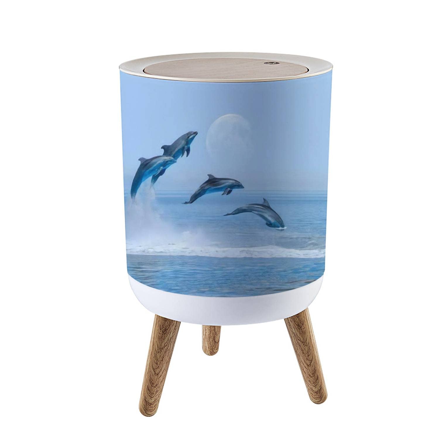 Dolphin Sunset Small Trash Can with Lid - 1.8 Gallon Round Press Cover Garbage Bin for Kitchen, Bathroom & Living Room | Dog Proof Wastebasket for Home & Office Use
