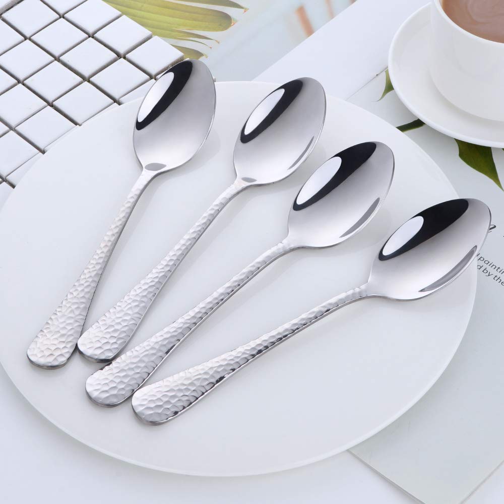 Premium 8-Inch Stainless Steel Dinner Spoons Set of 12 - Mirror Polished Salad & Dessert Spoons with Hammered Surface for Home, Hotel & Restaurant Use - Dishwasher Safe Silverware for Everyday Dining & Entertaining