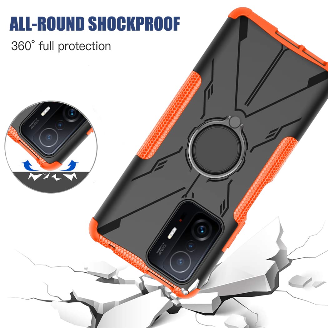 Shockproof Phone Case for Xiaomi Mi 11T 5G/Mi 11T Pro 5G (21081111RG) with Tempered Glass Screen Protector & Metal Ring Holder Kickstand - Durable Protective Cover (Orange) - Perfect for Daily Use, Travel, and Outdoor Activities