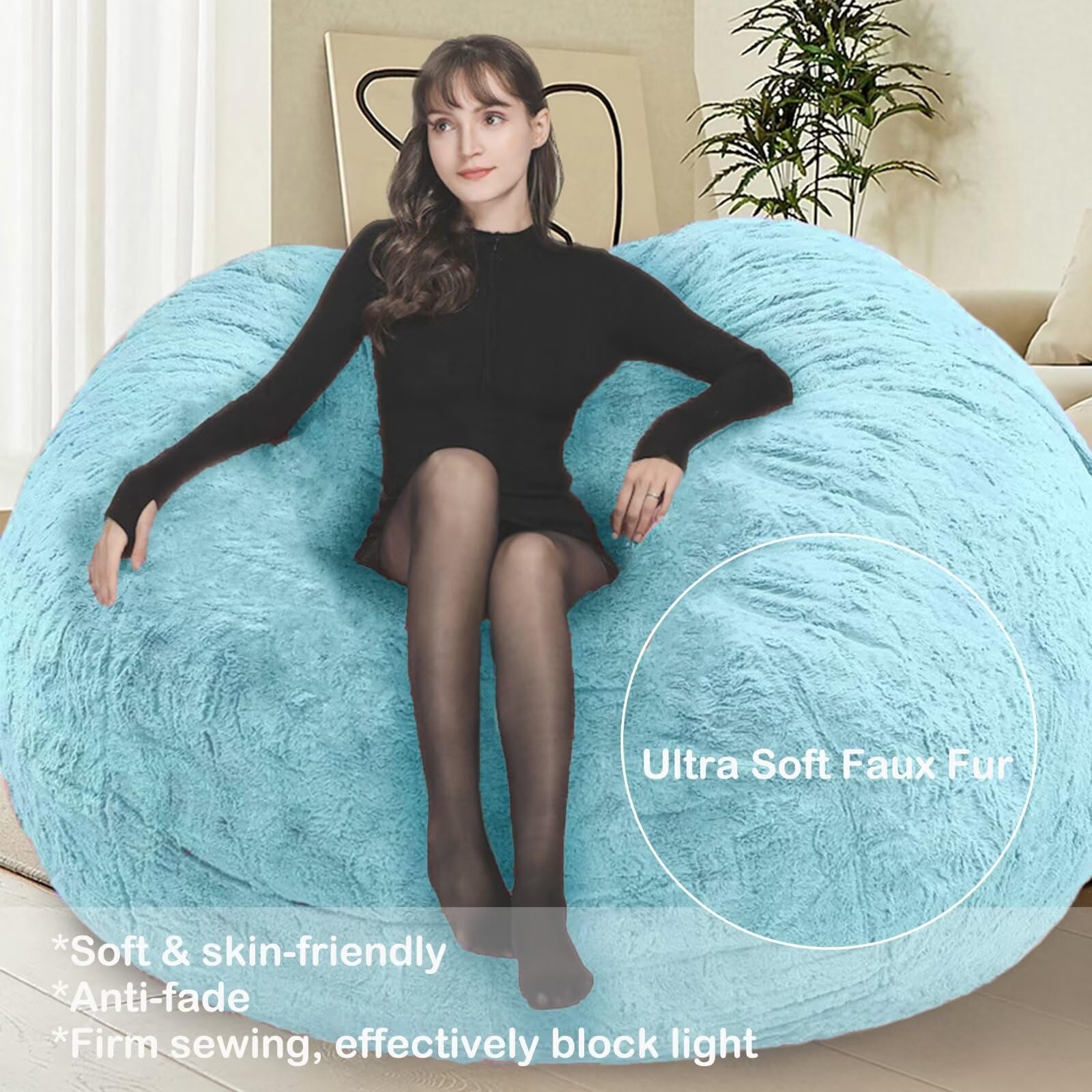 7FT Oversized Bean Bag Chair for Adults & Kids - No Filler, Soft Round Giant Beanbag Sofa - Perfect for Reading, Gaming & Relaxing - Black Lazy Chair Cover