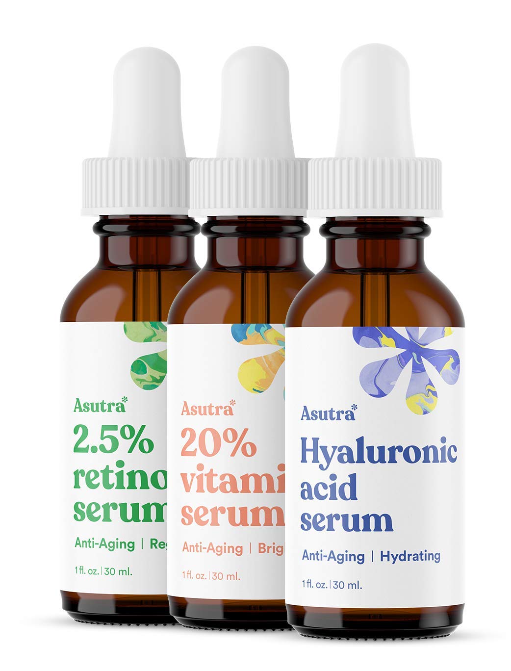 ASUTRA Anti-Aging Serum Trio Set - 2.5% Retinol Serum, 20% Vitamin C Serum & Hyaluronic Acid Serum (1 fl oz each) for Glowing Skin | Brightening, Wrinkle Reduction & Hydration | Perfect for Night Routine & Daily Skincare Regimen