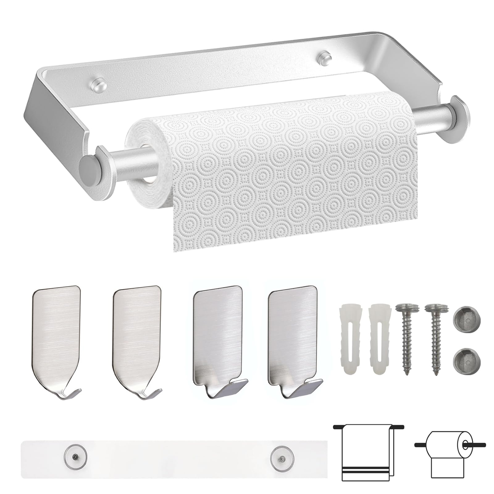 Under Cabinet Paper Towel Holder - Wall Mount Kitchen & Bathroom Towel Roll Dispenser with Self-Adhesive or Screw Mounting - Perfect for Compact Spaces, RVs, and Small Kitchens