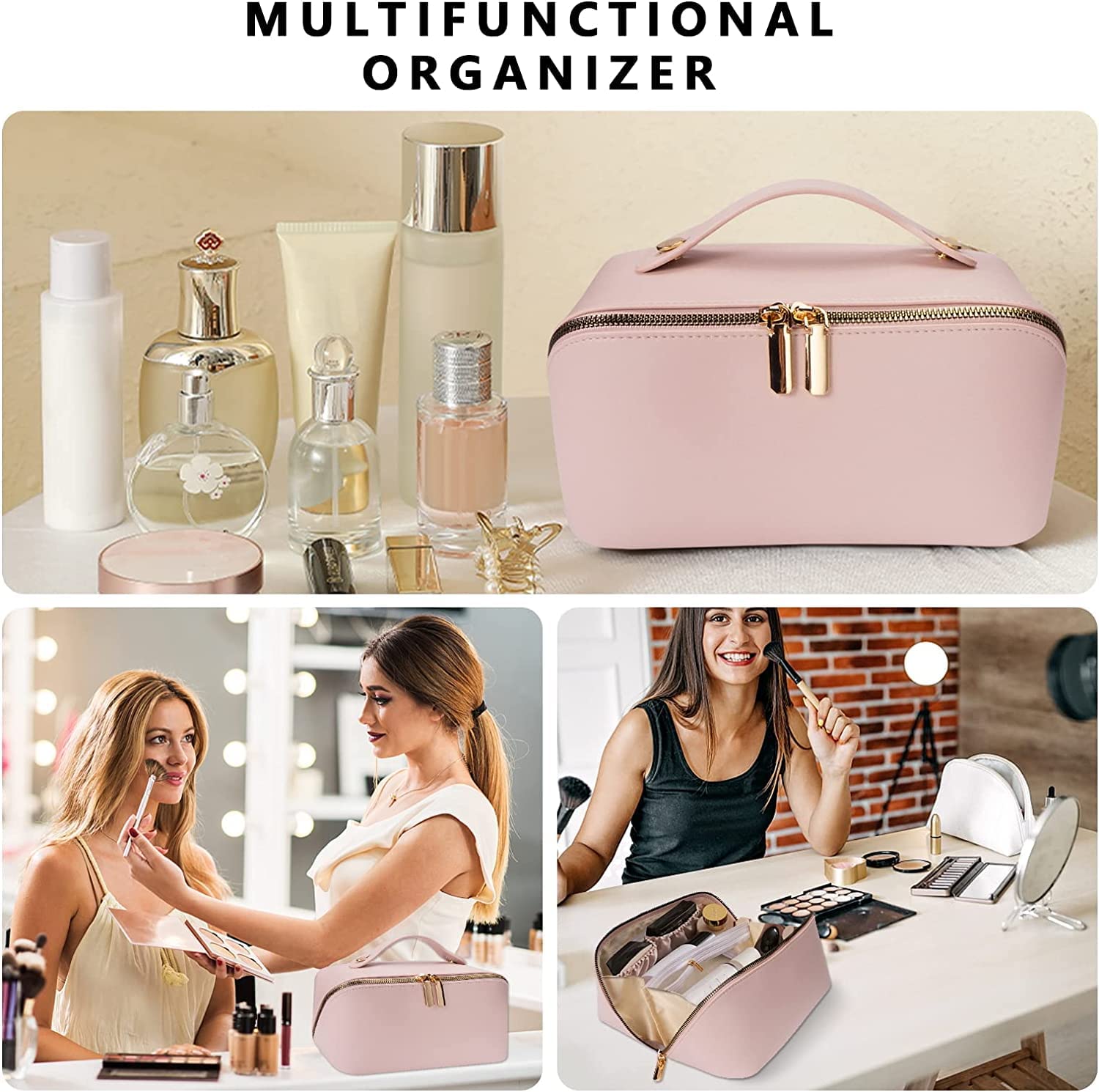 Large Capacity Waterproof PU Leather Travel Makeup Bag for Women - Pink Cosmetic Organizer with Multiple Compartments | Perfect for Vacation, Gym & Daily Use