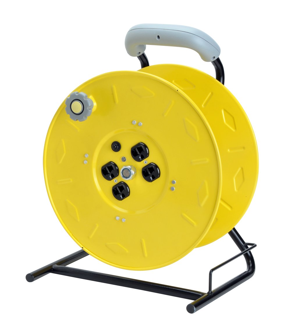 Alert 7100HD Heavy Duty Manual Cord Storage Reel with 4 Grounded Outlets - Yellow | Industrial Power Cord Organizer for Workshops, Construction Sites & Outdoor Use