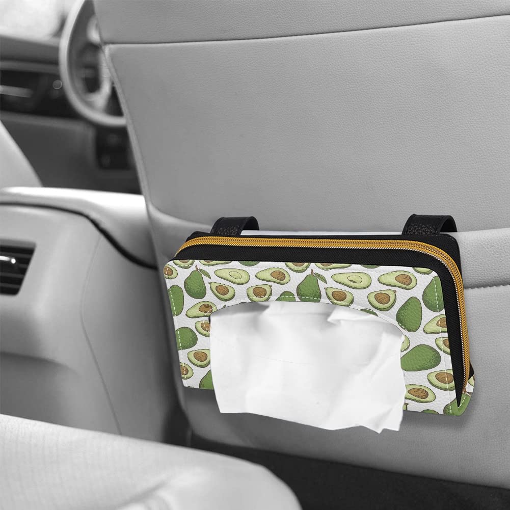 Coldinair Avocado Print PU Leather Car Tissue Holder - Sun Visor & Backseat Napkin Organizer with Zipper | Perfect for Road Trips, Commuting & Family Travel