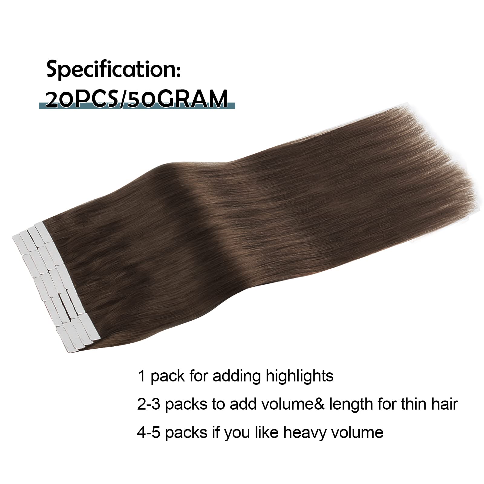 20 Inch Dark Brown Remy Human Hair Tape in Extensions - Long Straight Invisible Skin Weft, 50g Semi-Permanent (20 Pieces, #2) for Natural Volume & Length - Perfect for Weddings, Parties & Daily Styling