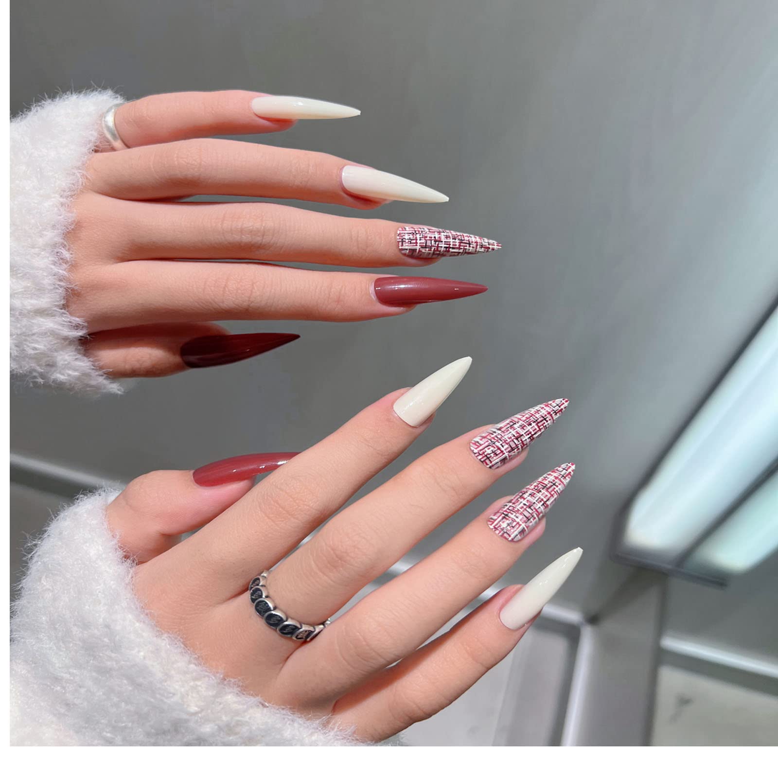 30PCS Solid Color Long Pointed Press on Nails - Glossy False Nails with 3D Embossing Plaid Designs for Women | Full Cover Stick on Fake Nails Kit (Milk White & Red) | Perfect for Parties, Weddings, Date Nights & Special Occasions