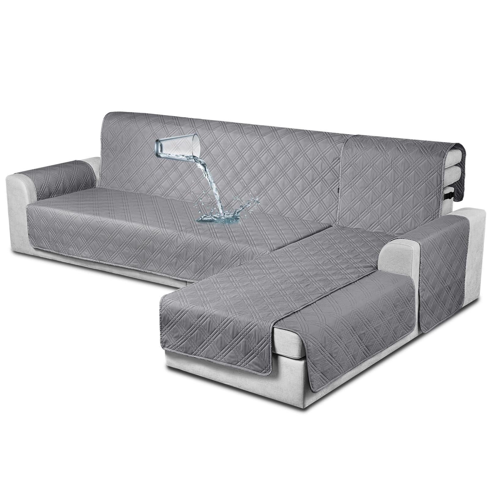 TAOCOCO Waterproof L-Shaped Sectional Sofa Cover Set - 3-Piece Reversible Couch Protector with Elastic Straps for Pets & Kids (X-Large, Gray) | Perfect for Living Room, Family Room & Pet-Friendly Homes