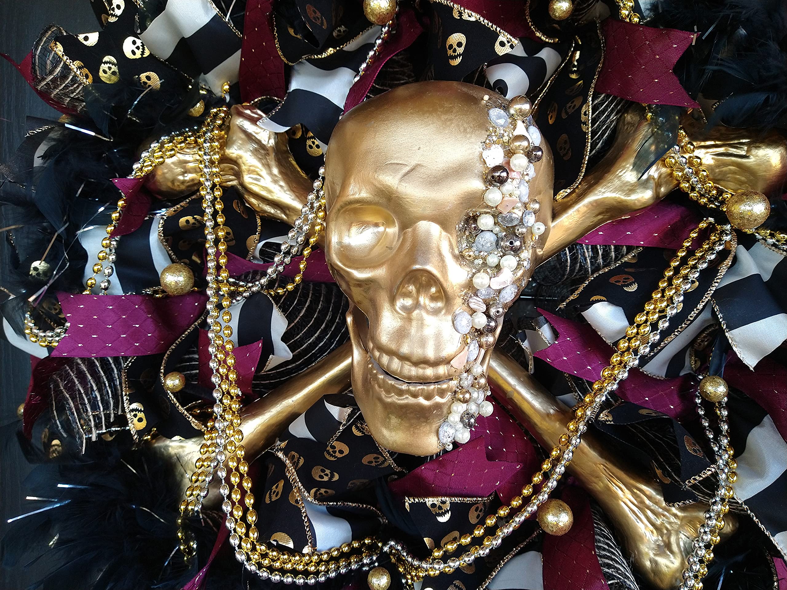 LAST ONE XL Deluxe Bling Pirate Skull & Crossbones Halloween Wreath - Luxury Jeweled Beaded Feather Decor for Front Door, GASPARILLA Party & Pirate Themed Events - Perfect for Halloween Decorations, Pirate Parties & Mardi Gras Celebrations