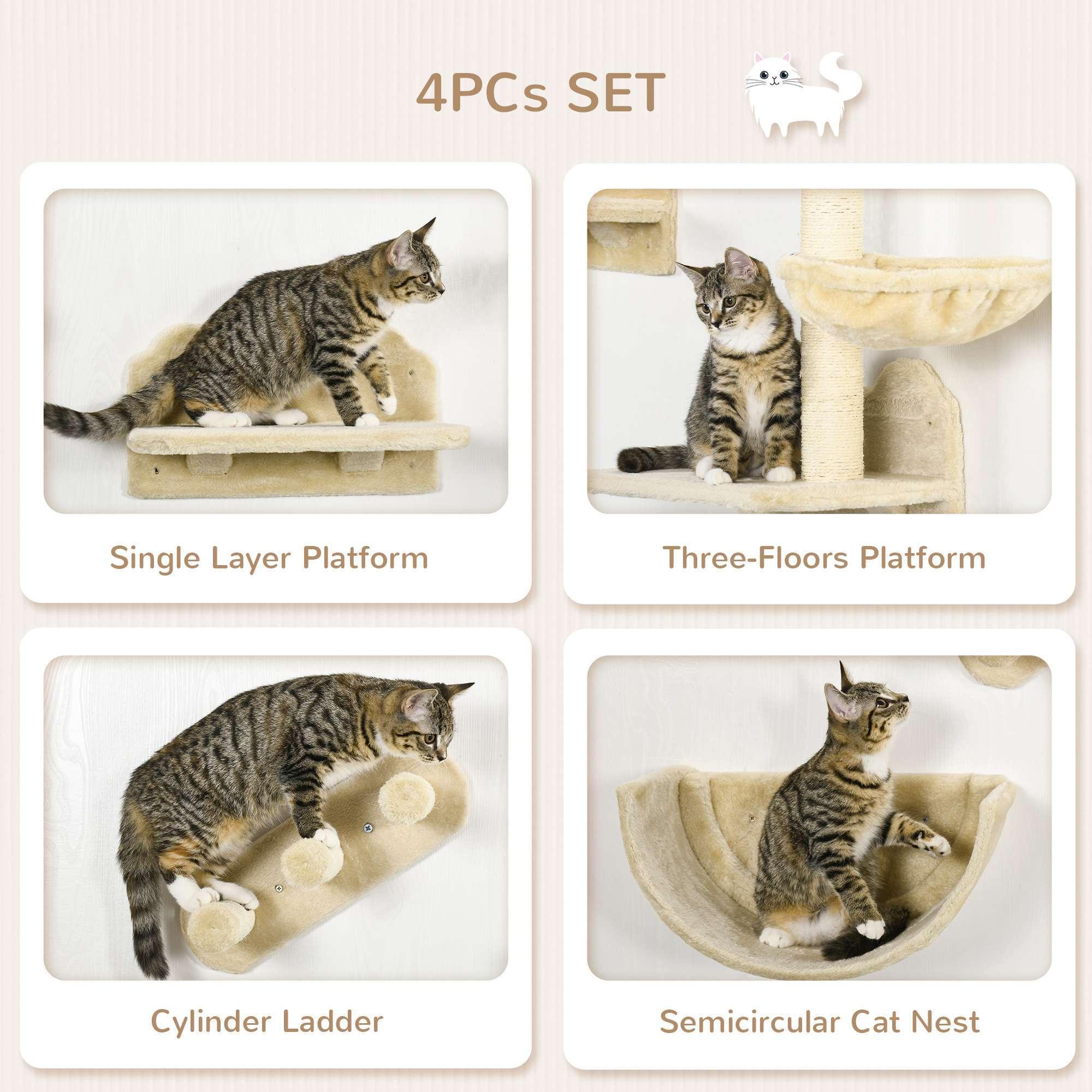 4-Piece Cat Wall Shelves Set with Hammock, Steps, Perches & Scratching Post - Multi-Level Climbing Furniture for Cats to Sleep, Play & Lounge - Beige Home Decor for Pet Lovers