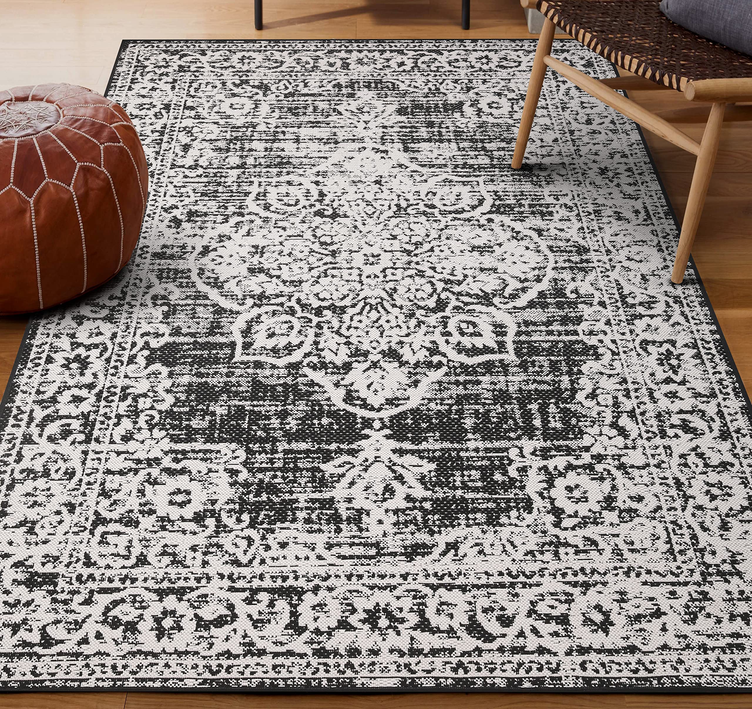 Modern Vintage Indoor Outdoor Area Rug - Weather Resistant 8x10 Black Carpet for Porch, Deck, Balcony, Backyard & Patio - Perfect for Outdoor Entertaining & Home Decor
