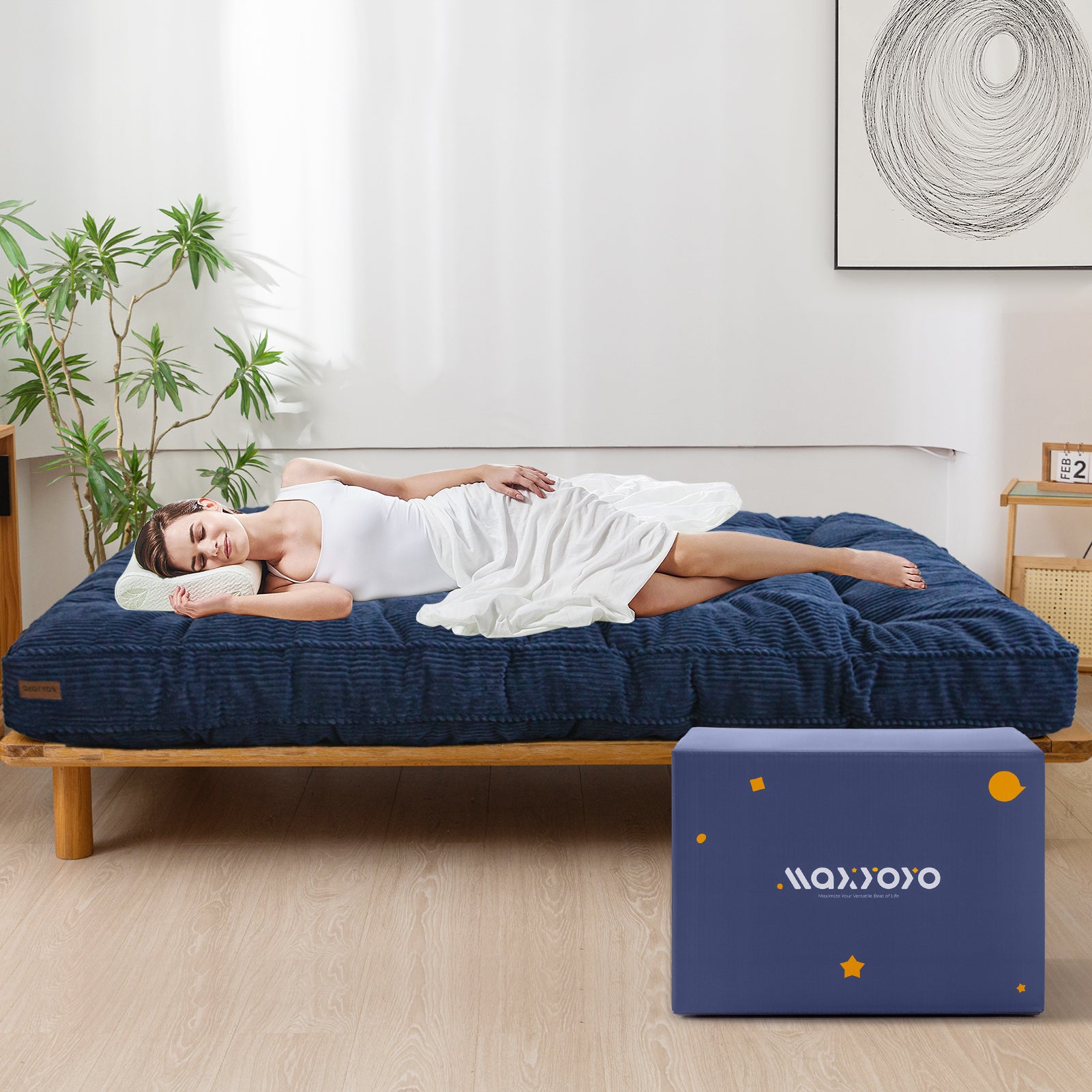 MAXYOYO 6-Inch Tufted Futon Sofa Bed - Thick Corduroy Fabric Floor Mattress for Adults (Mattress Only) Navy Blue - Perfect for Small Spaces, Guest Rooms & Dorm Rooms