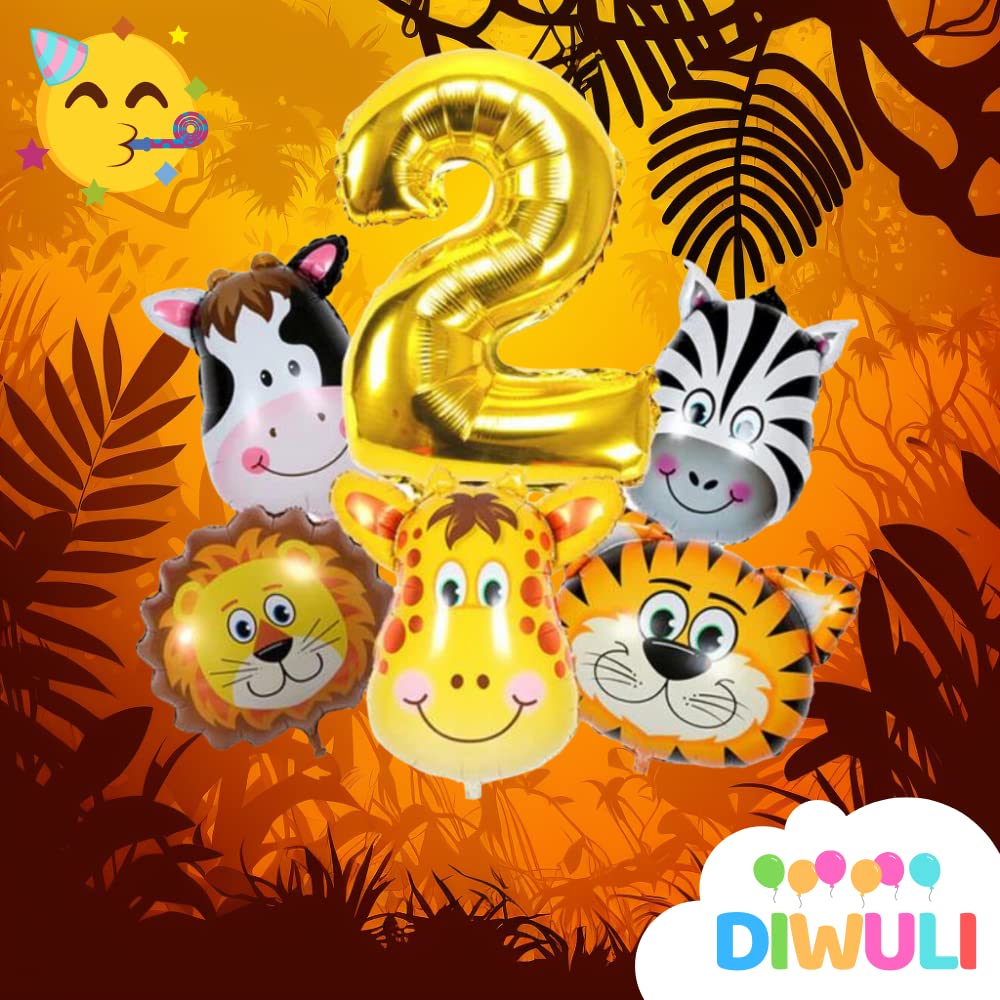 DIWULI Safari Animal Balloons Set - Number 2 Balloon Decorations for Jungle Zoo Wild Theme Birthday Parties (Lion, Giraffe, Tiger, Cow, Zebra) - Perfect for 2nd Birthday Decor, Baby Showers & Safari-Themed Events