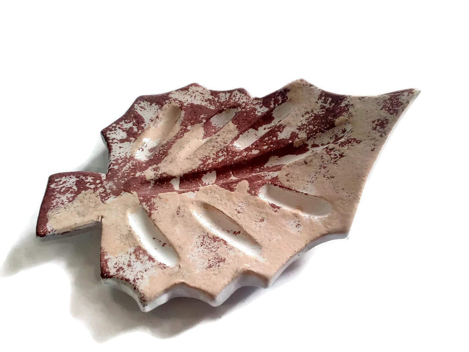 Handmade Ceramic Soap Dish for Bar Soap - Brown Leaf Design with Sponge Holder | Autumn-Themed Bathroom Decor for Spa, Vanity & Gift Giving