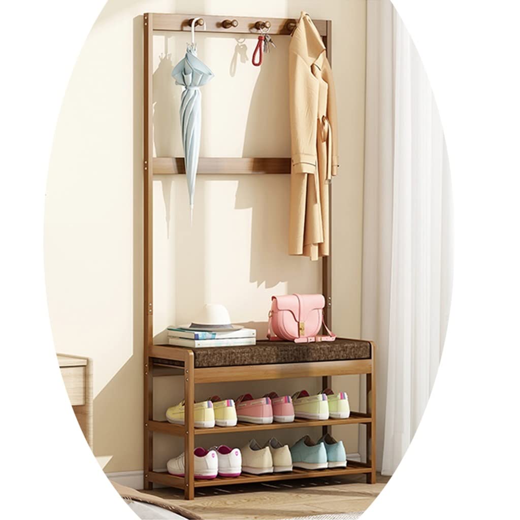 GXFWJD 4-in-1 Wooden Coat Rack with Shoe Bench - Freestanding Entryway Hall Tree Organizer with Hooks & 2-Tier Shoe Storage Shelf (70x27x148cm) - Easy Assembly for Home, Office, Dorm Room Organization