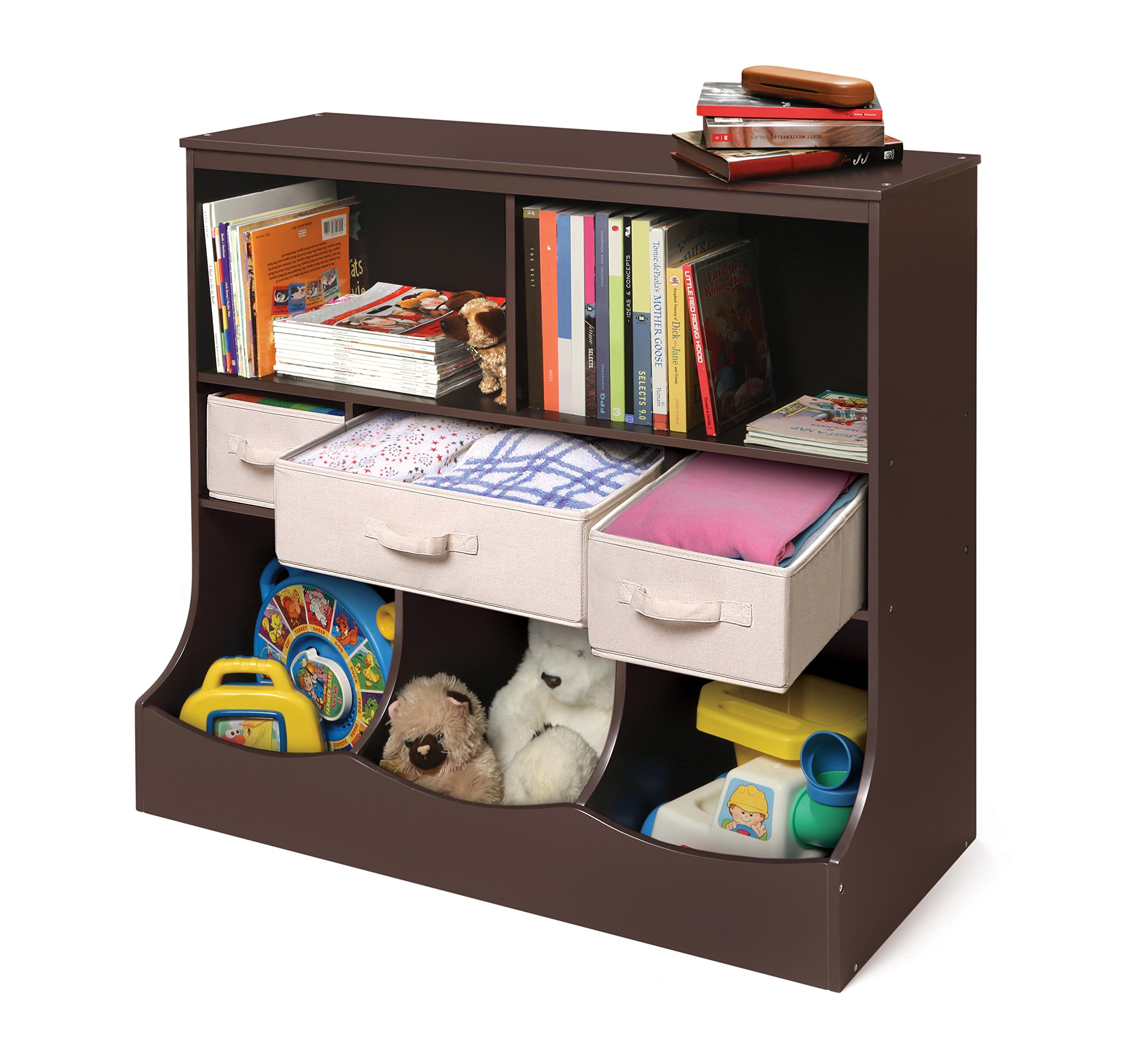 Badger Basket Kids Toy Storage and Bookshelf Organizer with 3 Bins - Espresso Finish for Nursery, Playroom & Bedroom Organization