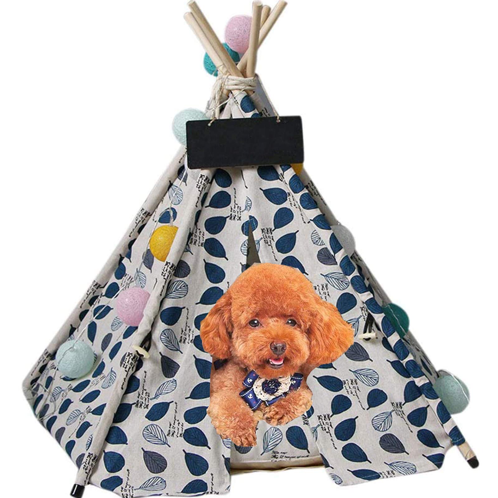 Portable Pet Tent Teepee Dog Bed with Removable Washable Cushion for Dogs, Puppies & Cats - Foldable Canvas Dog House & Indoor/Outdoor Small Animal Play Kennel - Perfect for Camping, Travel & Home Use