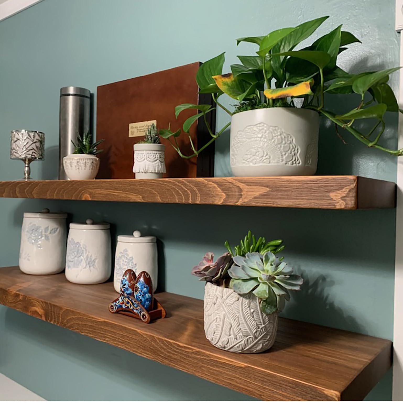 Joel's Antiques - 48 Inch Solid Wood Floating Shelves for Wall - Natural Wood Wall Mount Shelves - Heavy Duty Rustic Shelf for Bedroom, Living Room & Kitchen - Medium Brown (48x12x2 Inches) - Perfect for Displaying Books, Photos & Home Decor