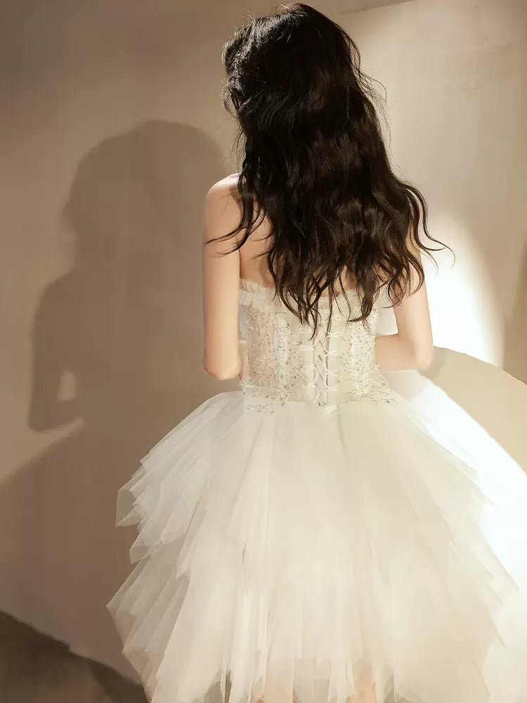 Beige Tulle Sequin Short Prom Dress | Sparkly Homecoming Dress for Teens | Perfect for Prom Night, Homecoming Dance & Special Occasions