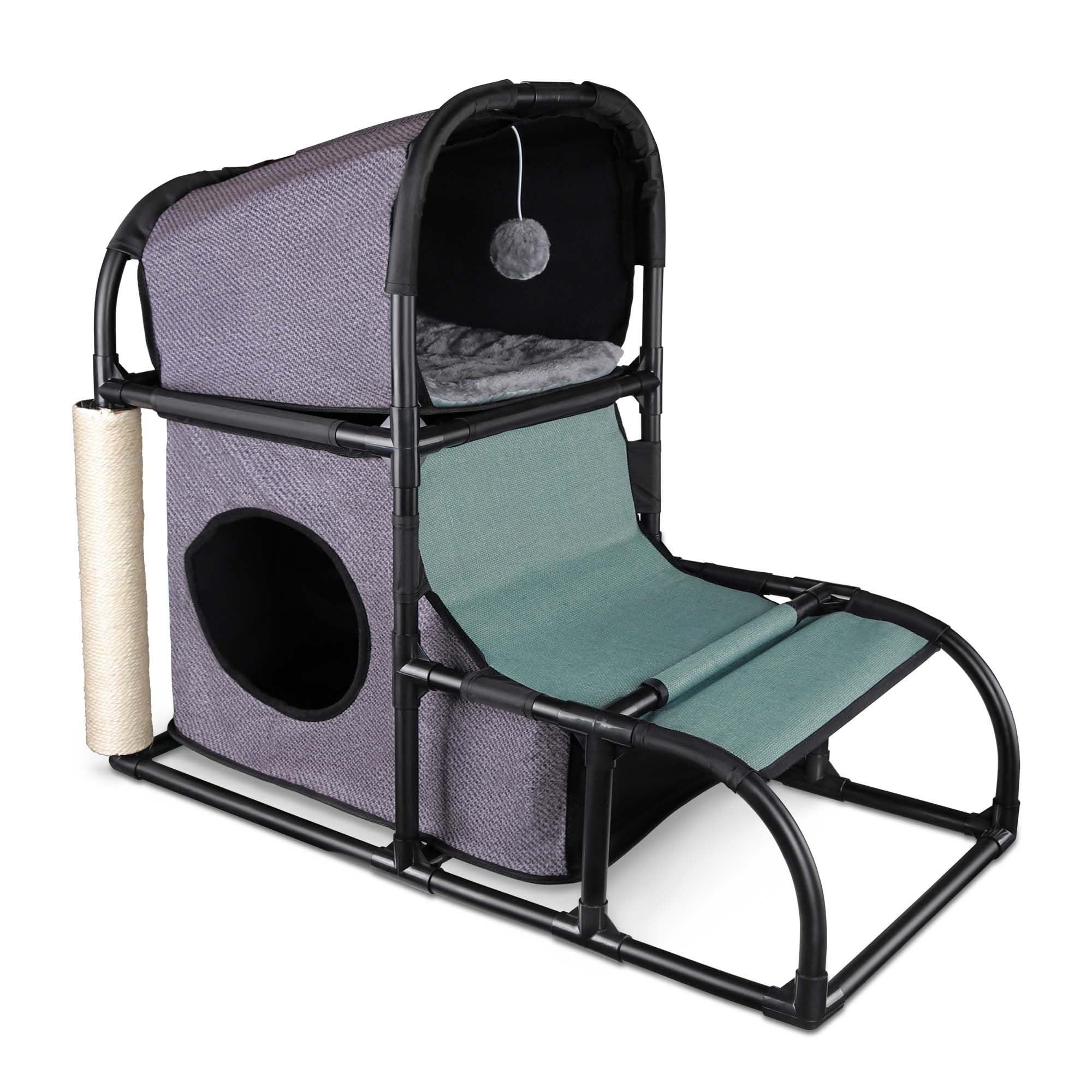 Goetland PVC Modern Cat Condo with Scratching Post, Climbing Tree & Dangling Ball - Gray Indoor Cat House for Kitties | Perfect for Small Spaces & Playtime
