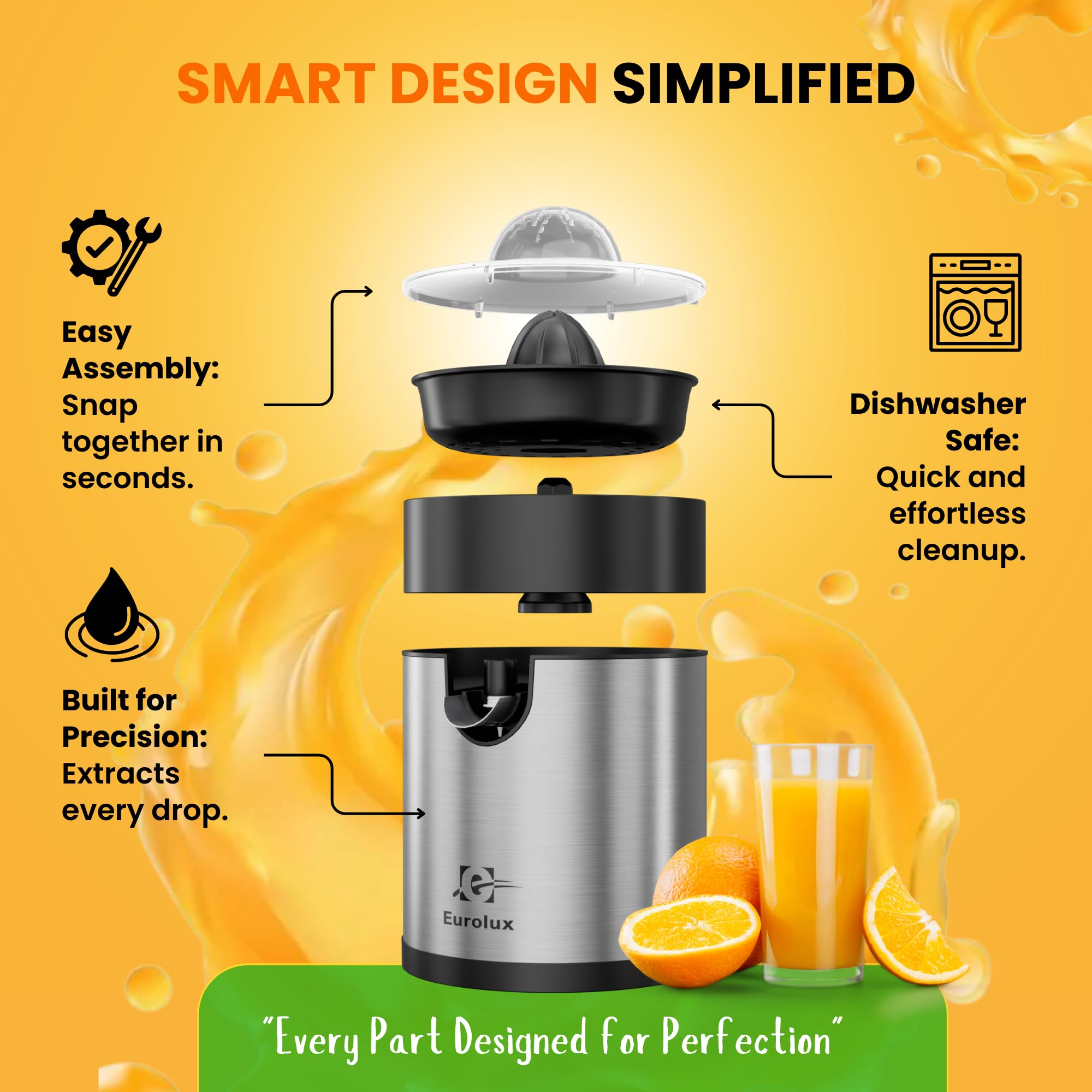 Eurolux Electric Orange Juicer - Powerful Citrus Press for Lemon, Lime & Grapefruit | High-Speed Motor, Dishwasher Safe, Easy to Clean | Perfect for Breakfast, Cocktails & Healthy Juicing at Home