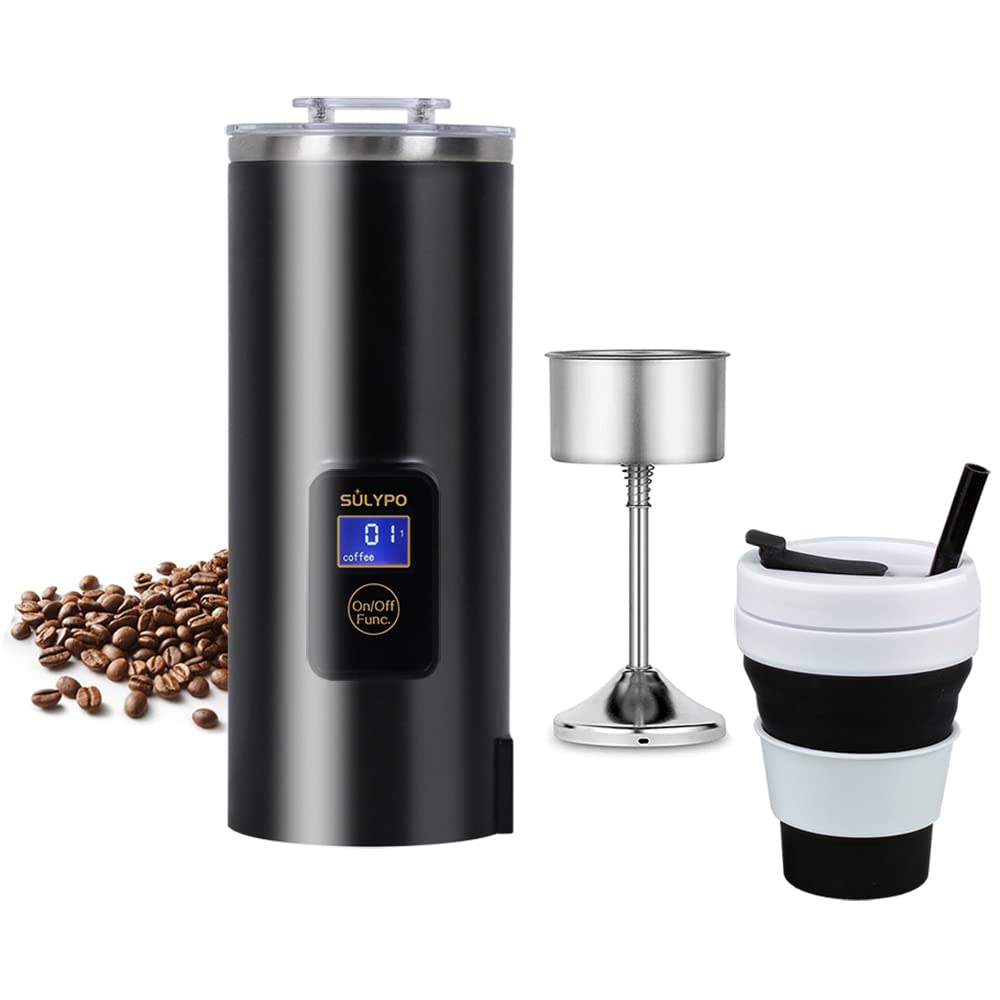 Sulypo® 8 oz Portable Electric Coffee Maker - Mini Single Serve Percolator with Collapsible Travel Cup (16 oz Silicone Folding Cup with Lid) - Perfect for Home, Office, Camping & Travel