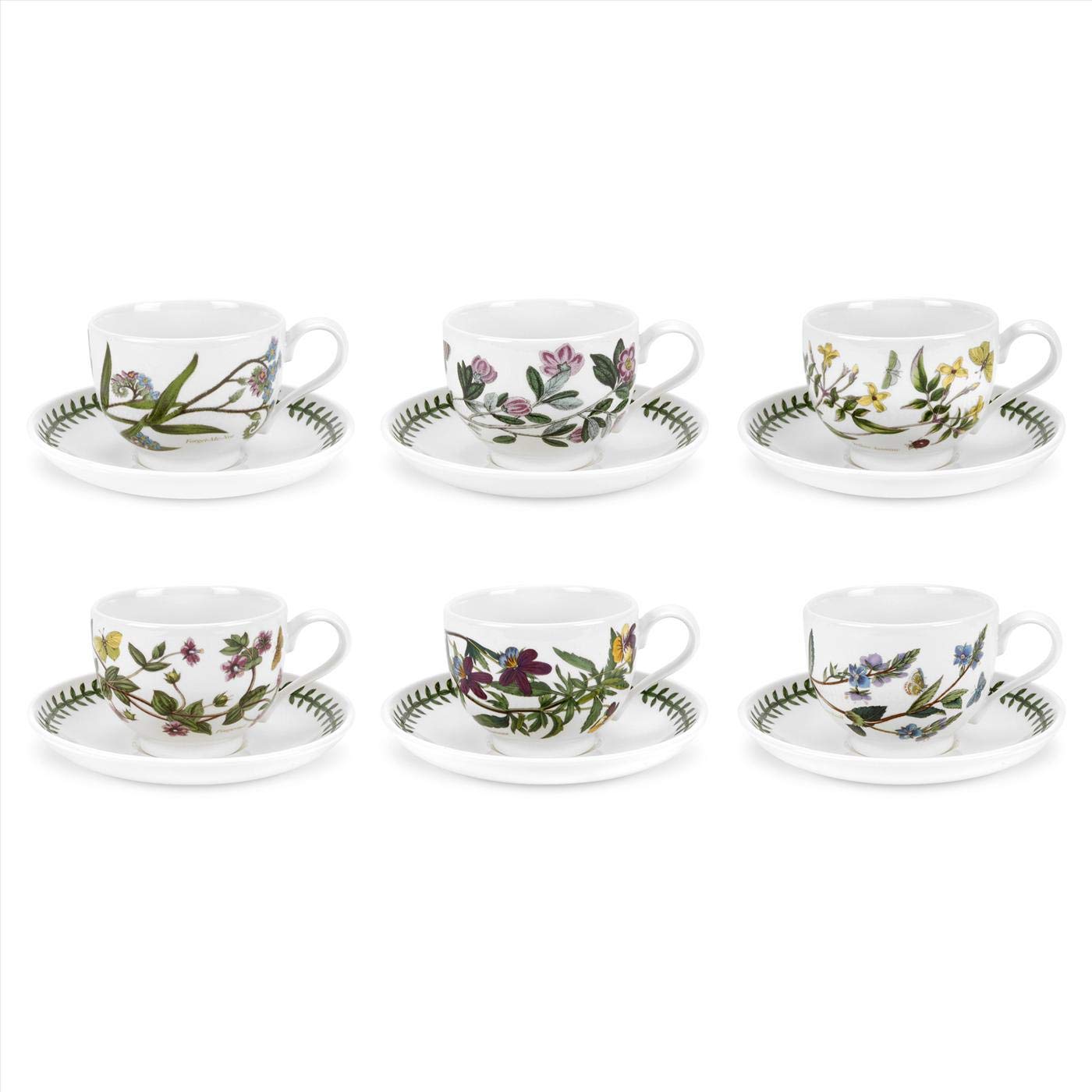 Portmeirion Botanic Garden 10oz Teacup and Saucer Set of 6 - Assorted Floral Designs Fine Earthenware Tea Cups - Chip Resistant, Dishwasher & Microwave Safe - Made in England - Perfect for Afternoon Tea, Bridal Showers & Elegant Dining