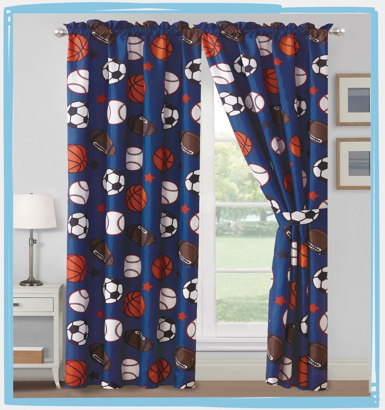 WPM Sports Curtains for Boys Bedroom - 4 Piece Blue Curtain Set with Panels & Tiebacks - Football Soccer Baseball Basketball Sports Theme - Perfect for Kids Room Decor & Game Room Design