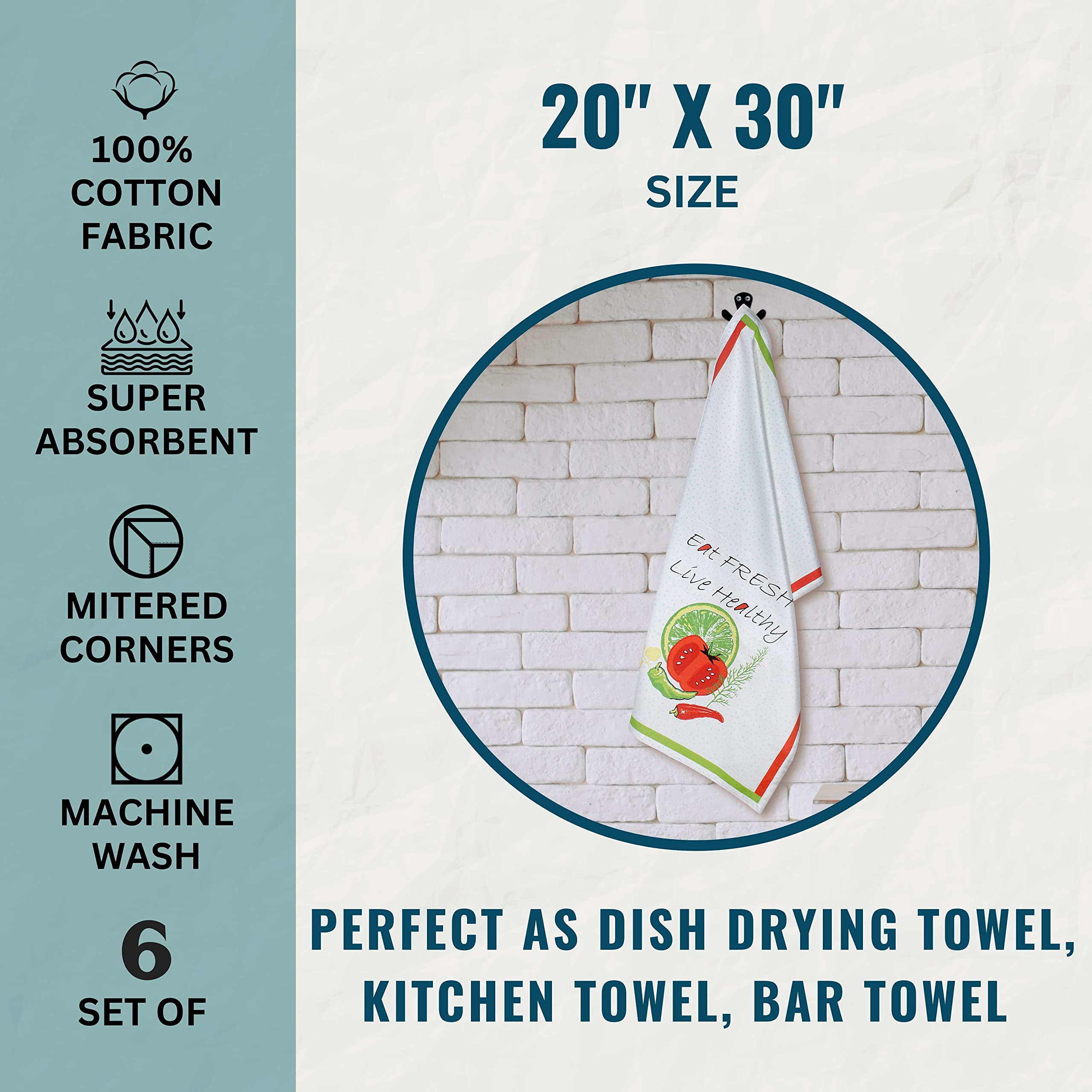 Premium Cotton Kitchen Towels Set of 6 - Super Absorbent & Soft for Cooking, Cleaning & Drying Dishes