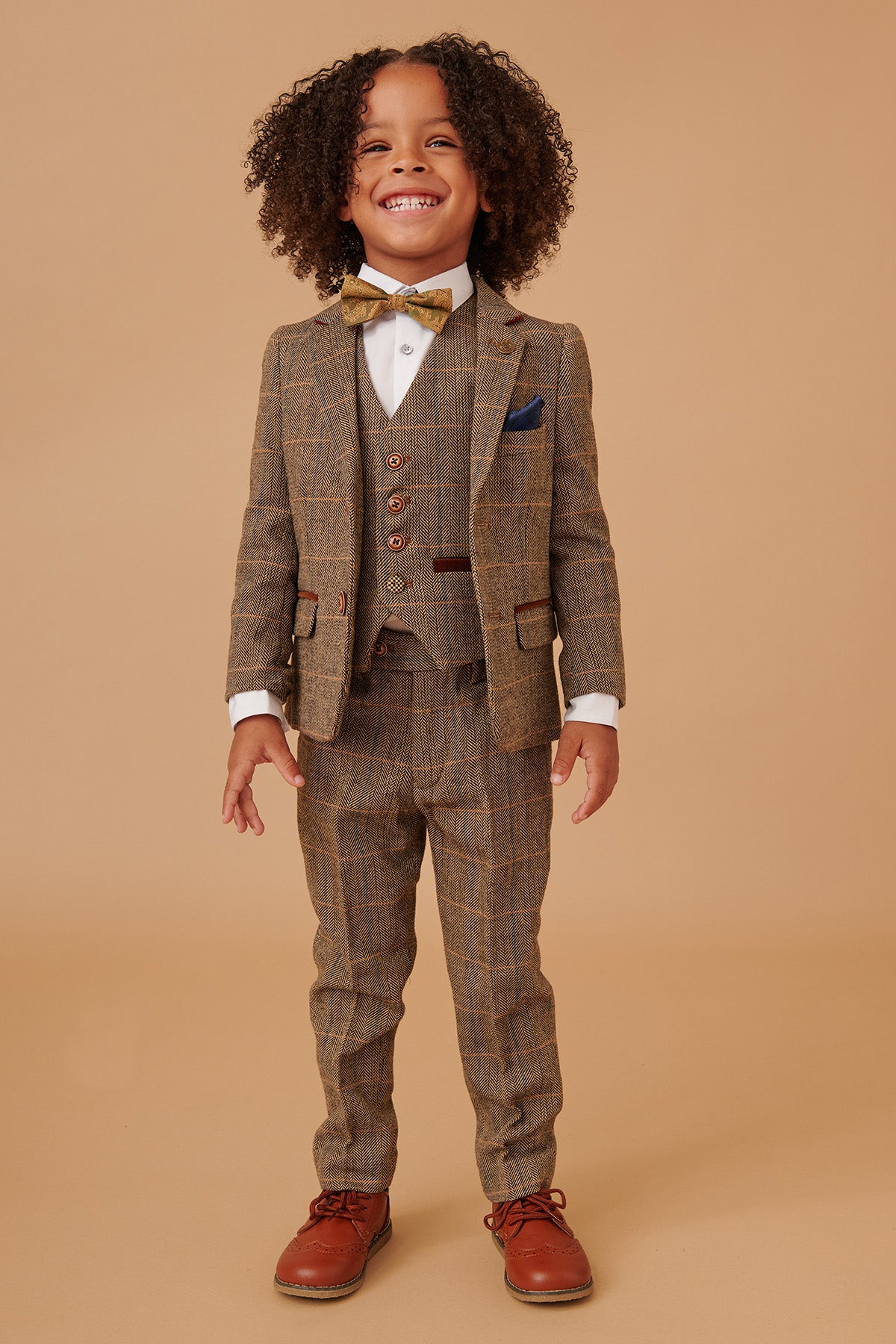 TED Children's Tan Tweed Check 3-Piece Suit for Boys | Formal Occasions, School Events & Family Photos