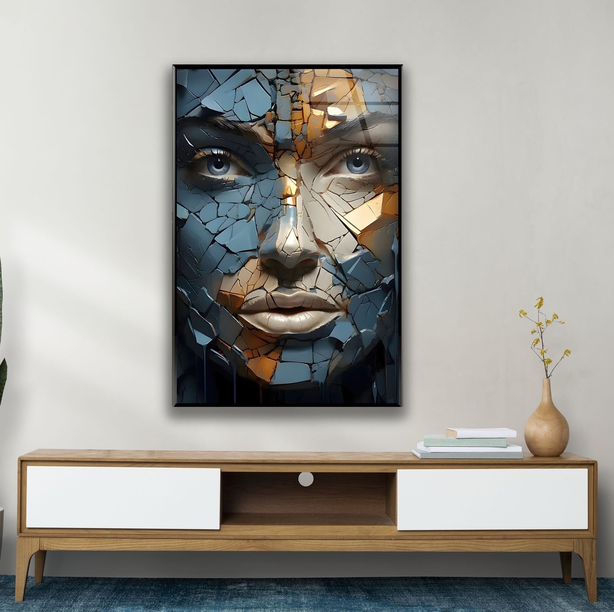 Blue Cracked Design Woman Glass Wall Art - Elegant Home Decor for Living Room, Bedroom & Office - Perfect Gift Idea