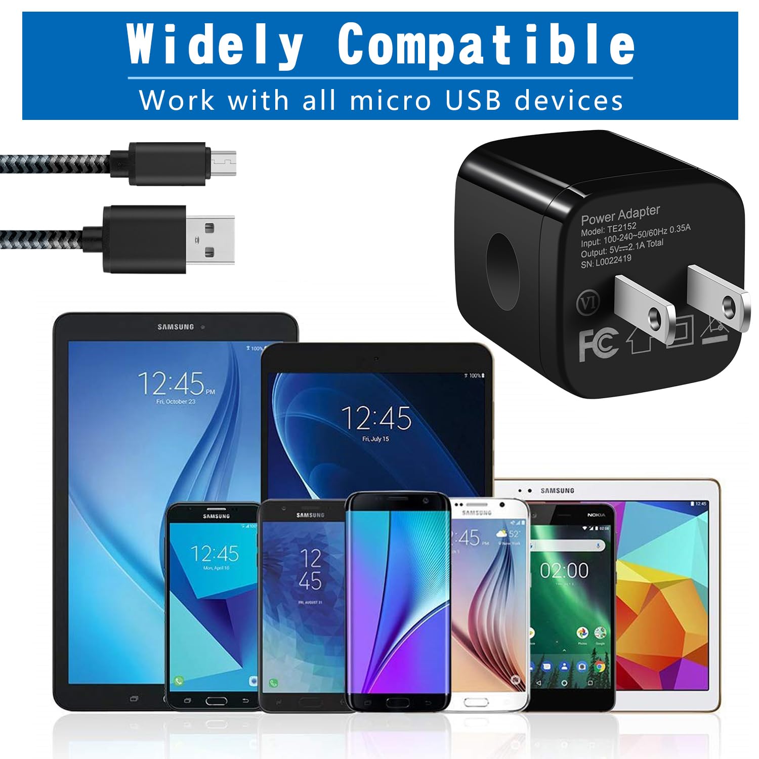 Fast Charging Android Micro USB Cable [2 Pack, 6FT] with Dual Port Wall Charger - Compatible with Samsung Galaxy S7/S6/J8/J7/Note 5, Kindle, LG, PS4, Camera - Perfect for Home, Office & Travel (Black)