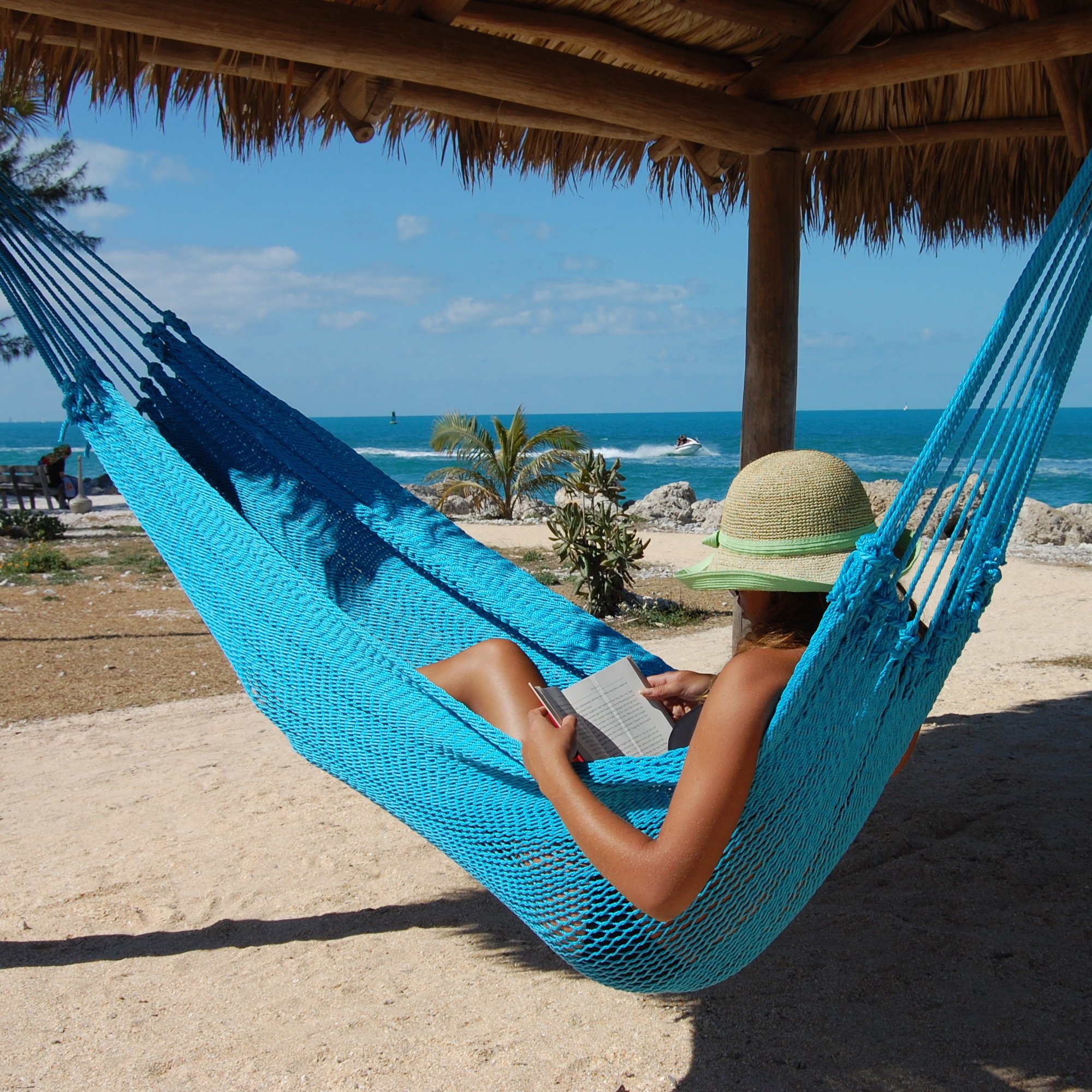 Premium Double Mayan Hammock - Light Blue Cotton Rope Hammock for Outdoor, Patio, Backyard & Beach Relaxation - Durable & Comfortable Hanging Bed for Garden, Camping & Vacation