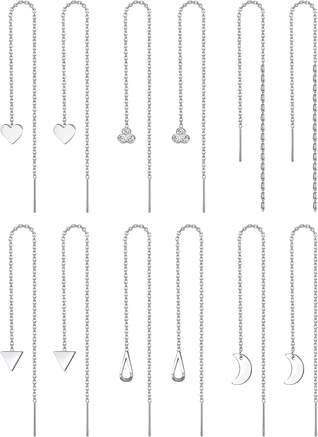 6 Pairs Stainless Steel Threader Chain Tassel Dangle Earrings for Women - Wave Ball Twist Minimalist Long Chain Earrings Set | Trendy Boho Jewelry for Parties, Weddings & Everyday Wear