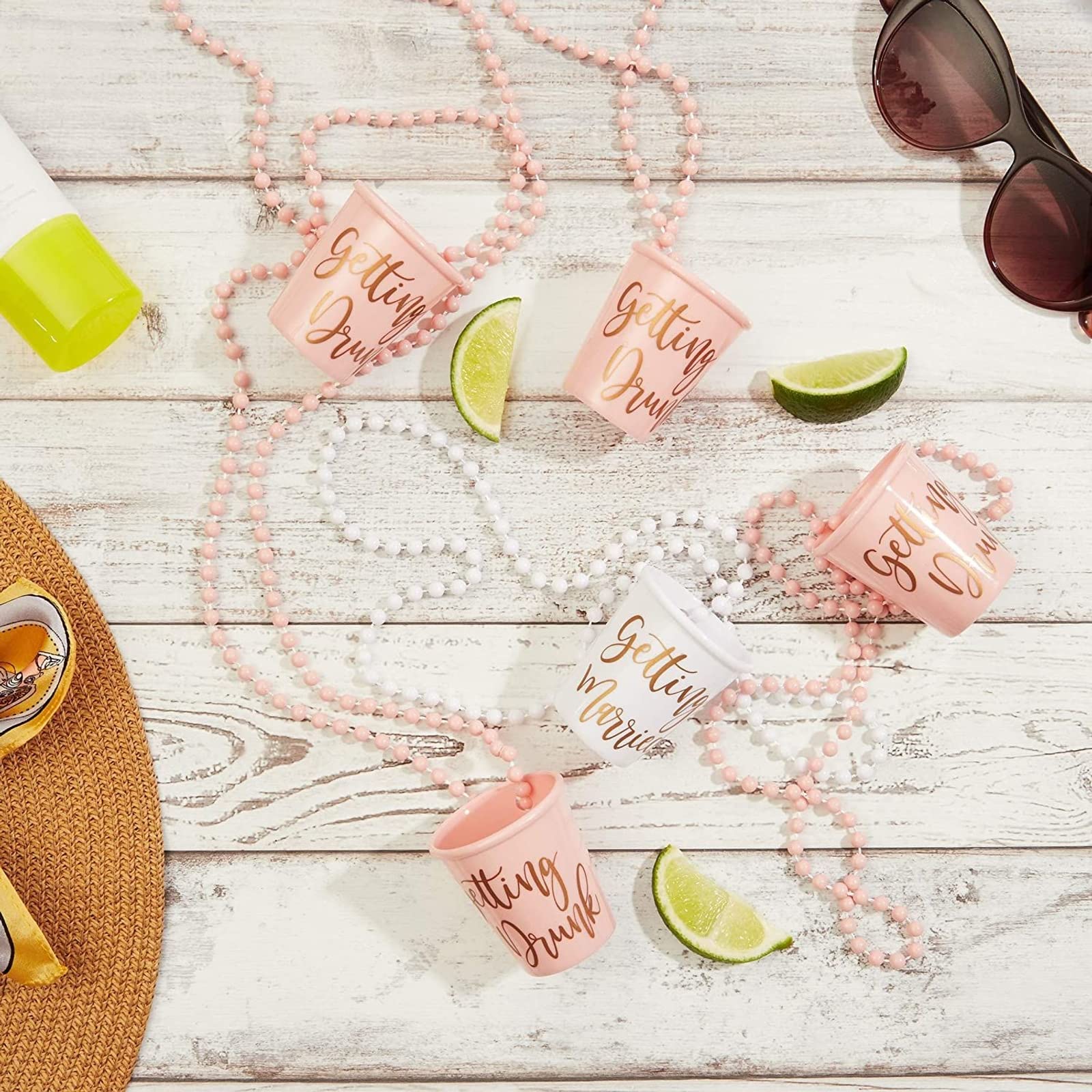 Sparkle and Bash Set of 12 Beaded Bachelorette Shot Glass Necklaces - White Bride & Pink Bridesmaids Cups with Gold Foil Design - Perfect for Bridal Showers, Bachelorette Parties & Wedding Celebrations