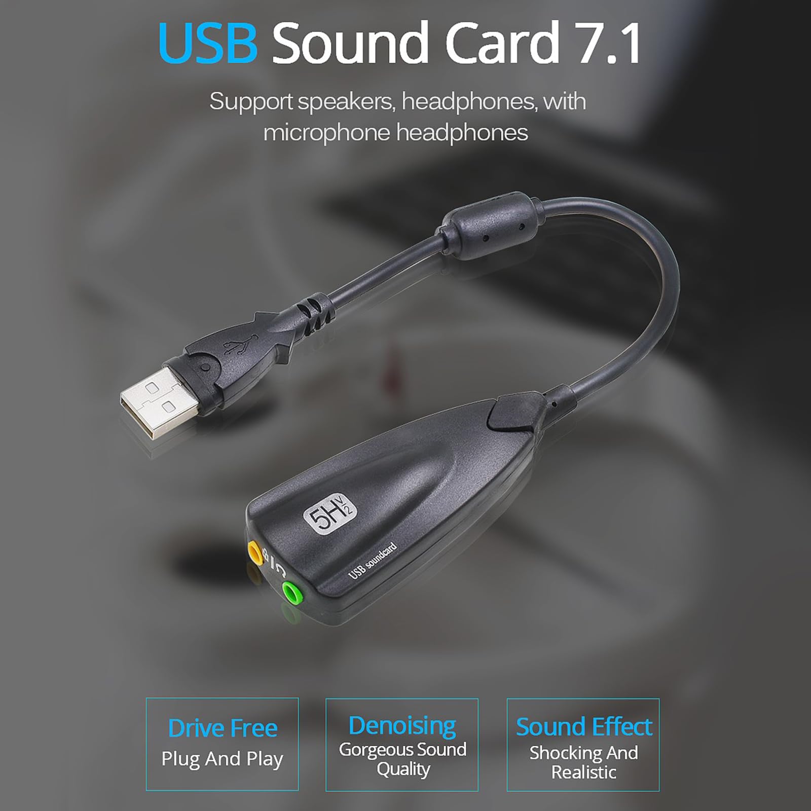 Fhsqwernm 5HV2 USB External Sound Card - 7.1 Channel Audio Adapter with 3.5mm Jack, Plug & Play No Driver Needed, Portable USB Sound Card for Gaming, Streaming & Conference Calls